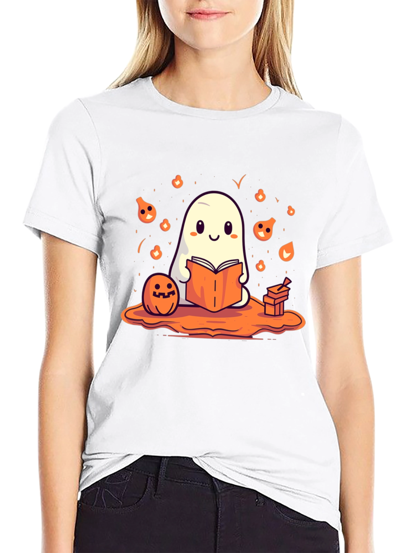Cute Ghost Reading Book Halloween T-Shirt