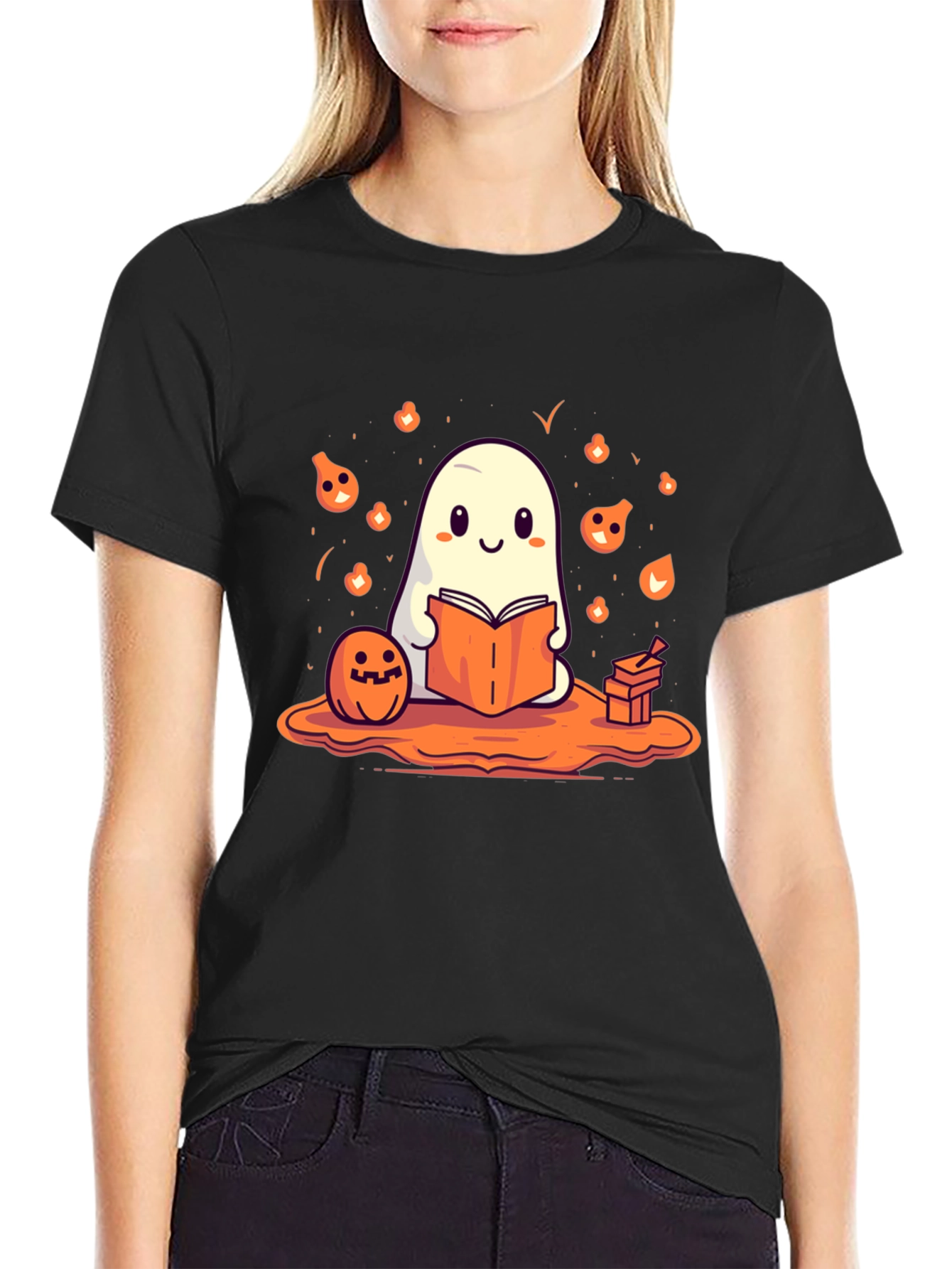 Cute Ghost Reading Book Halloween T-Shirt