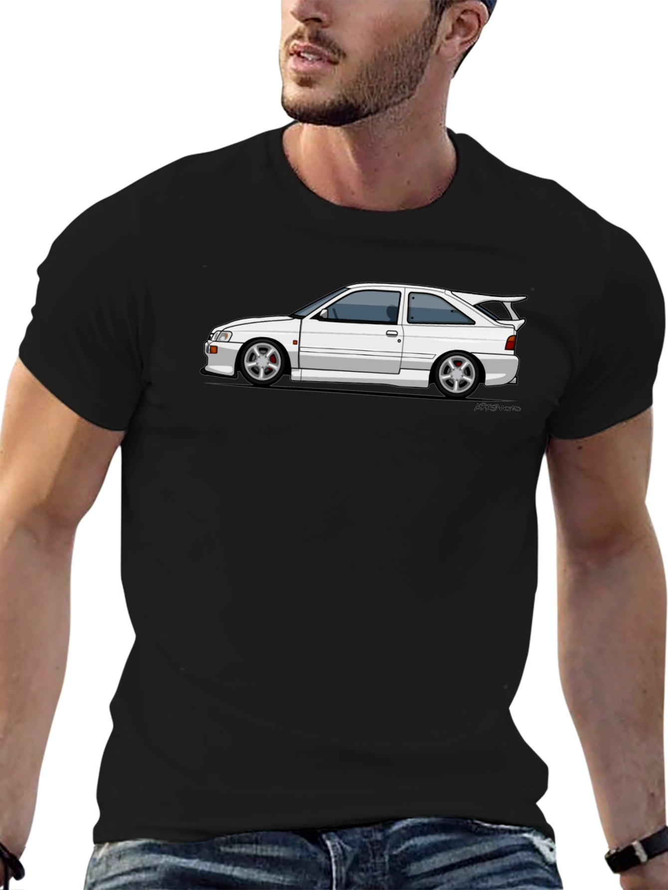 White Car Graphic Tee - Black Cotton Blend