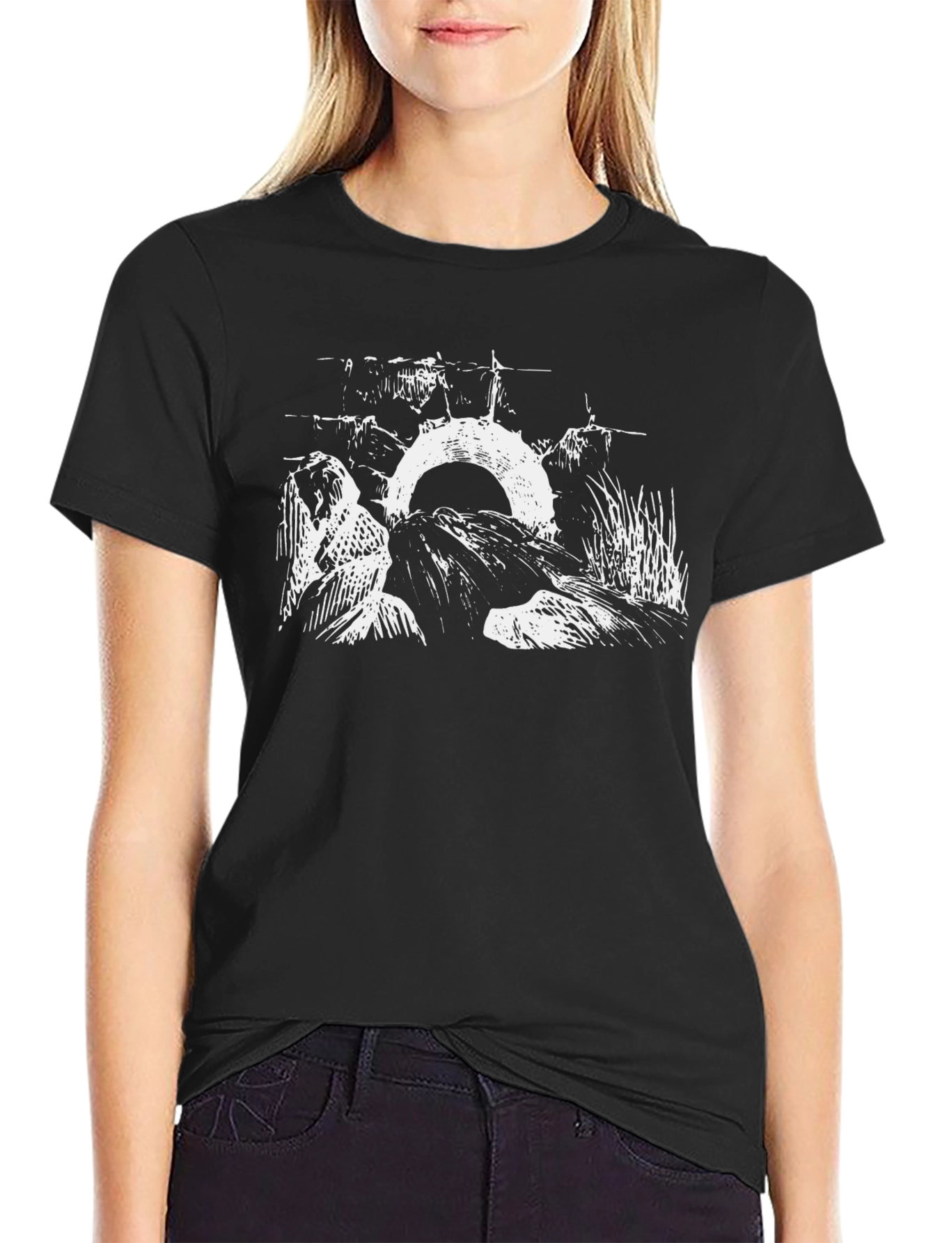 Black Graphic Tee: Abstract Nature Scene