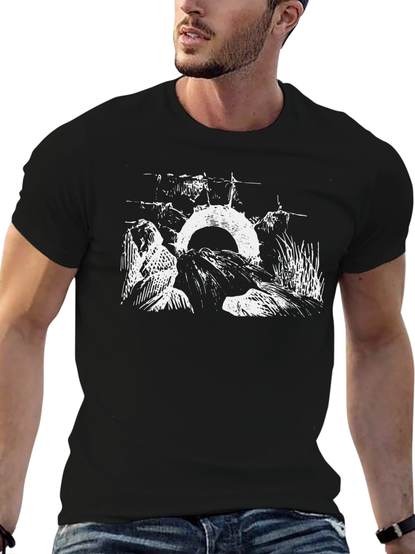 Black Graphic Tee: Abstract Nature Scene
