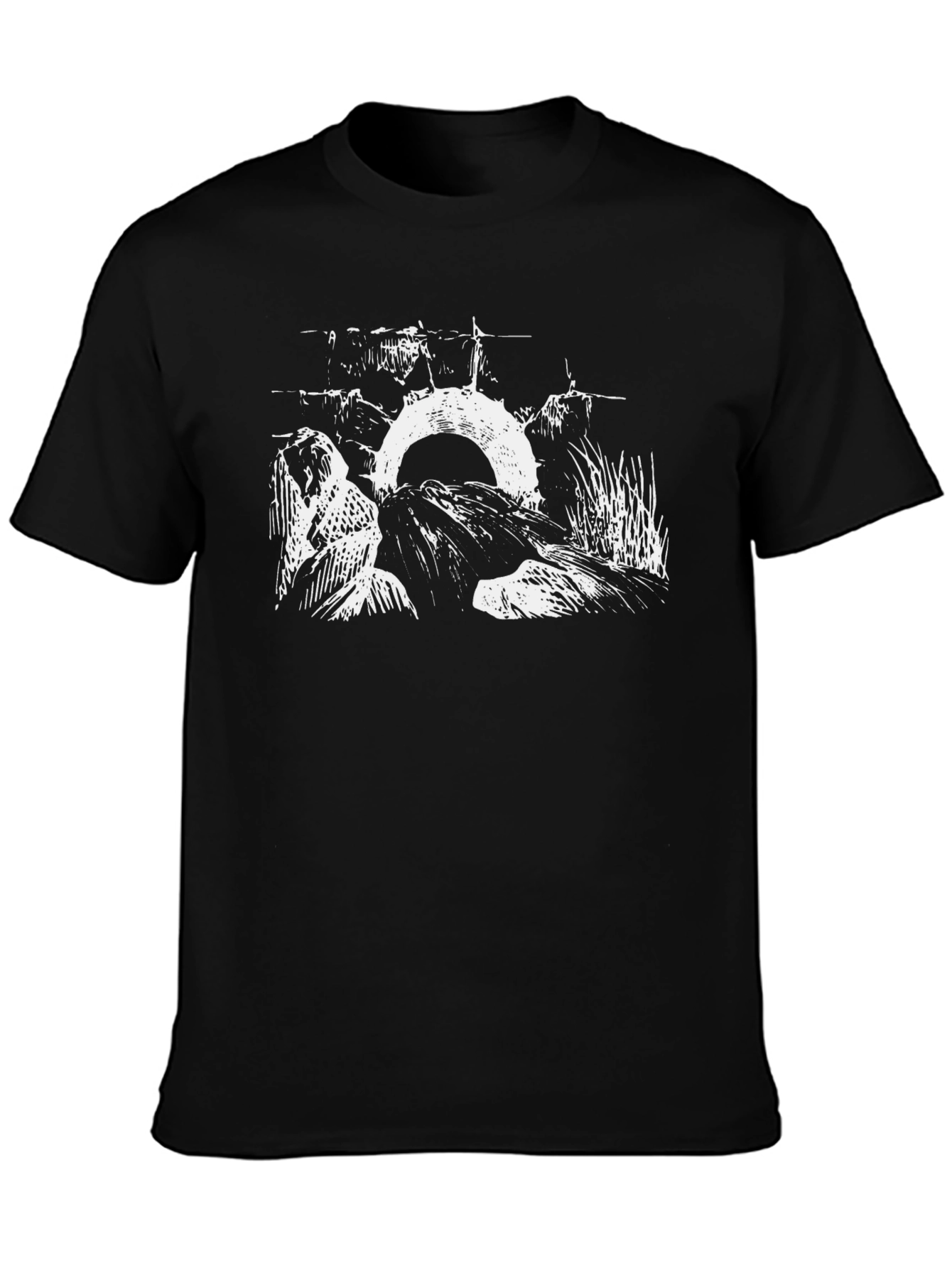 Black Graphic Tee: Abstract Nature Scene