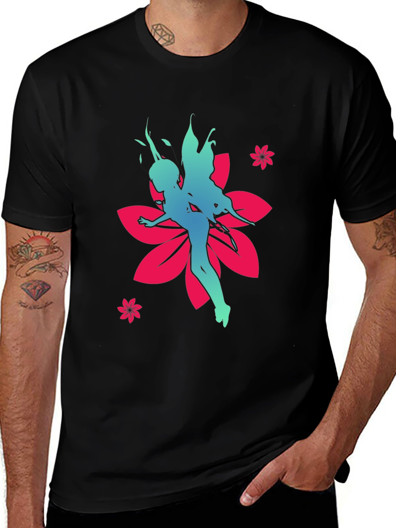Fairy Flower Graphic Tee - Stylish Black Cotton T-Shirt