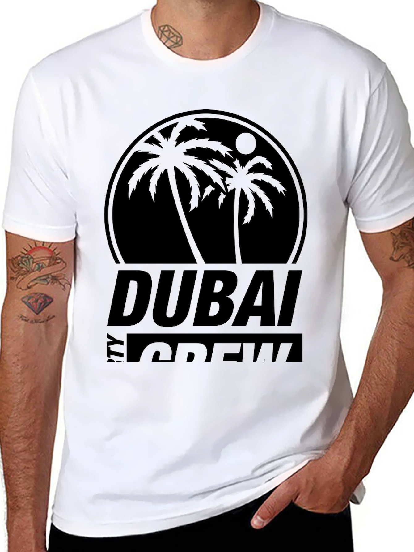 Dubai Crew Black Graphic Tee - Tropical Palm Design