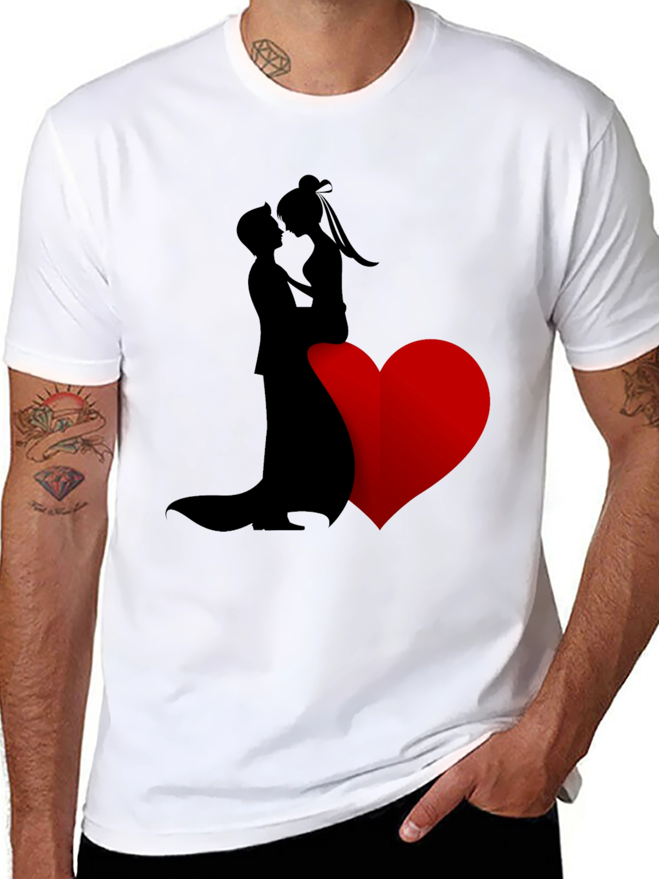 Romantic Couple Heart Graphic Tee - Black