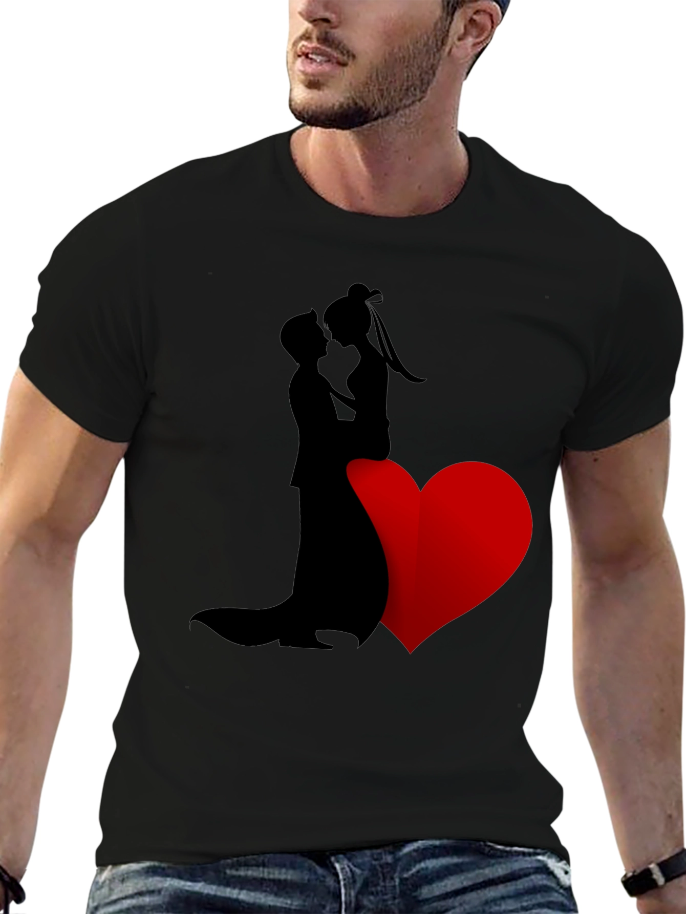 Romantic Couple Heart Graphic Tee - Black
