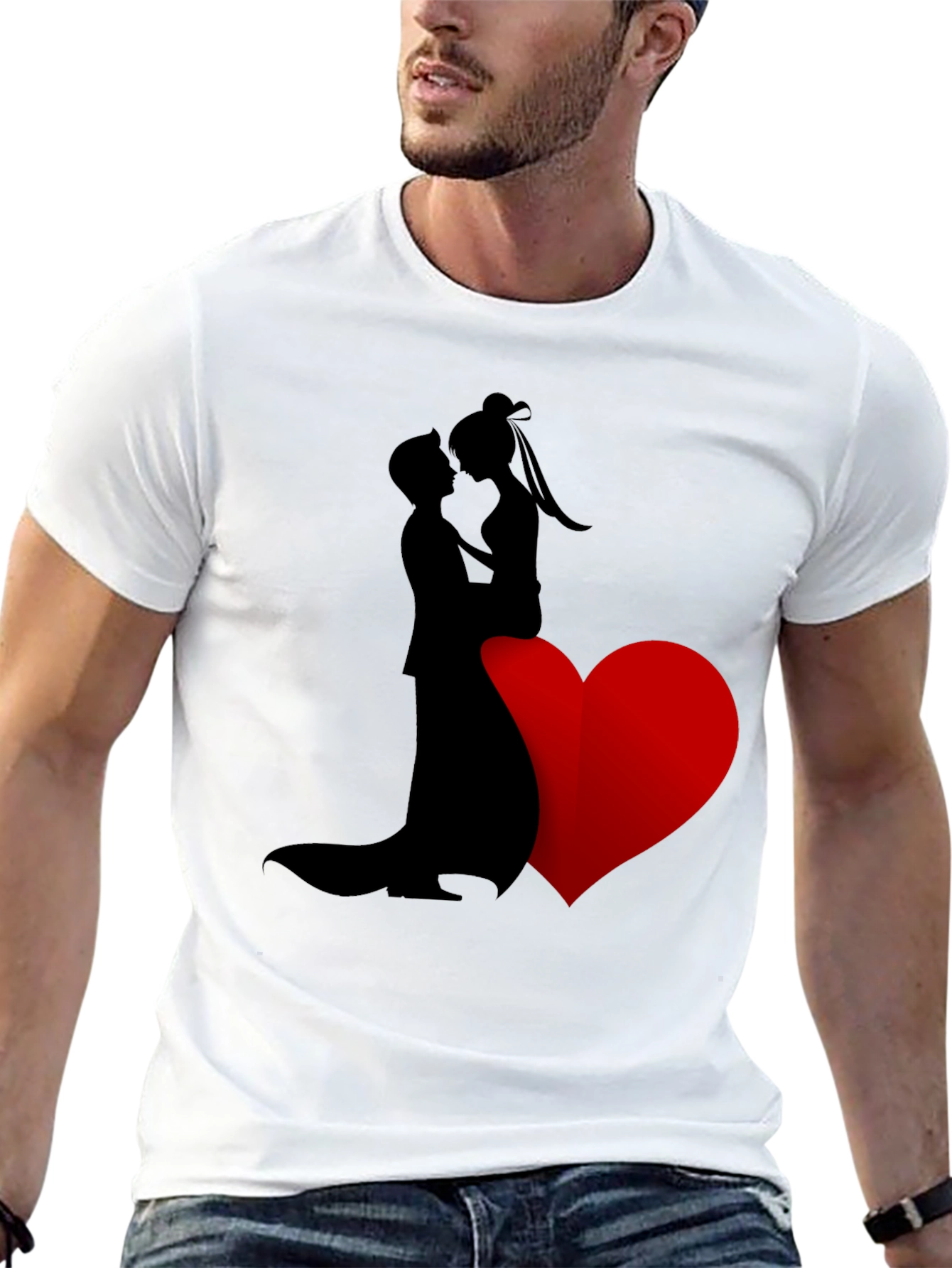 Romantic Couple Heart Graphic Tee - Black