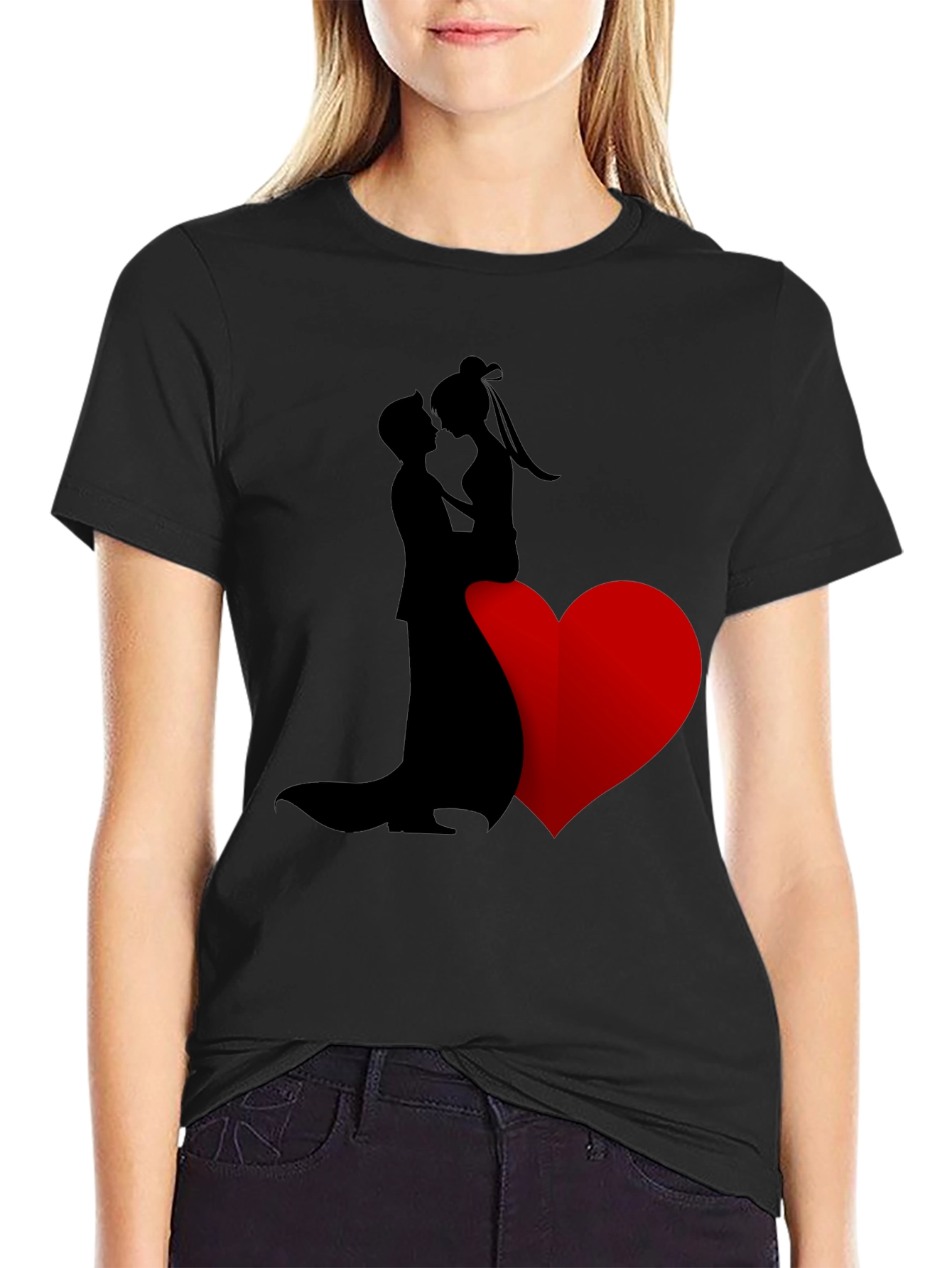 Romantic Couple Heart Graphic Tee - Black
