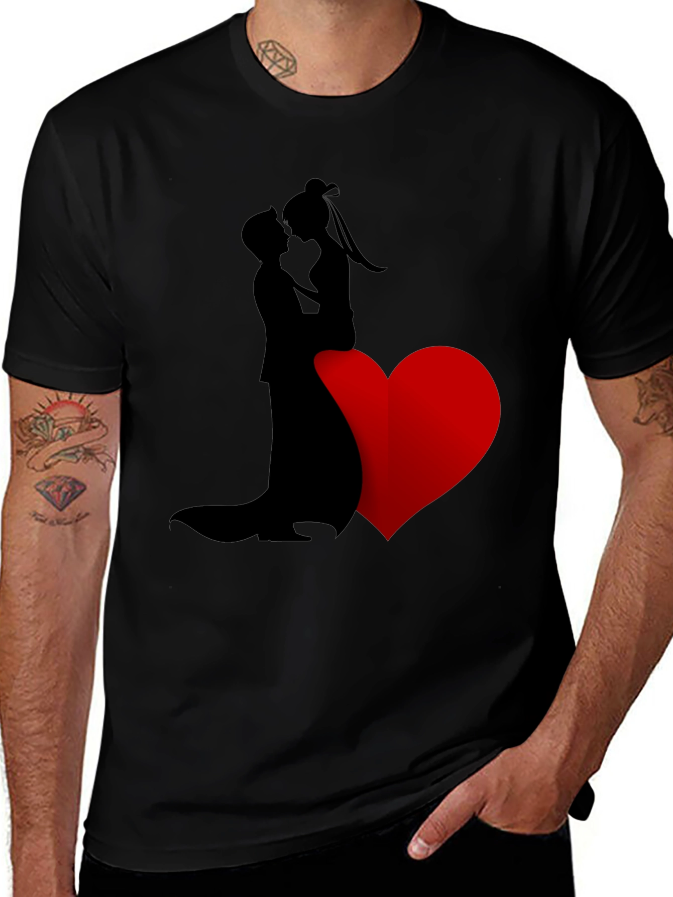 Romantic Couple Heart Graphic Tee - Black