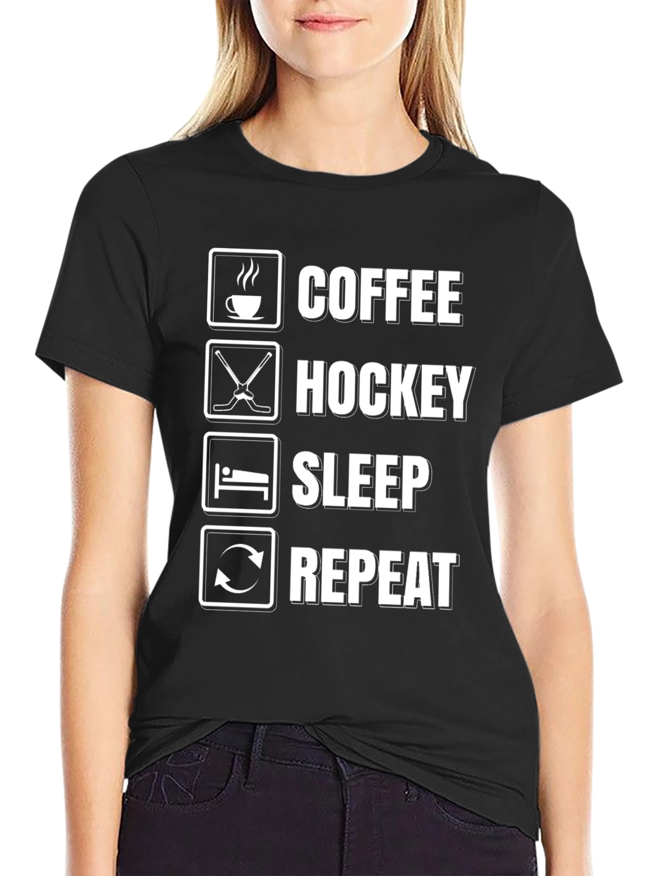 Coffee Hockey Sleep Repeat Black Graphic Tee