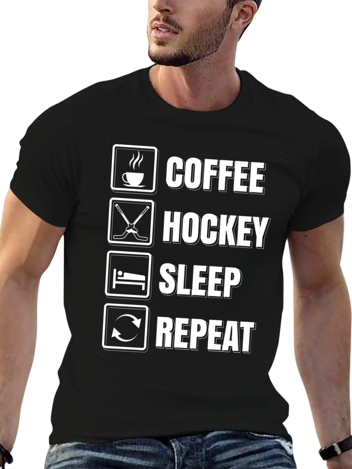 Coffee Hockey Sleep Repeat Black Graphic Tee