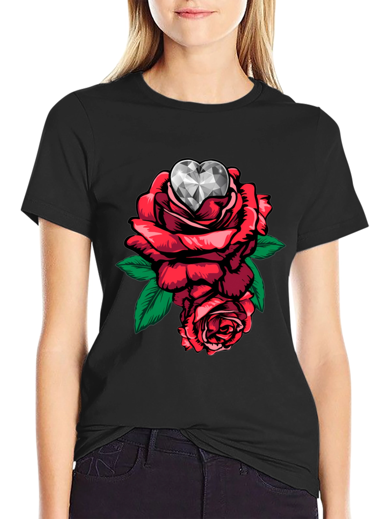 Rose & Diamond Heart Graphic T-Shirt - Black