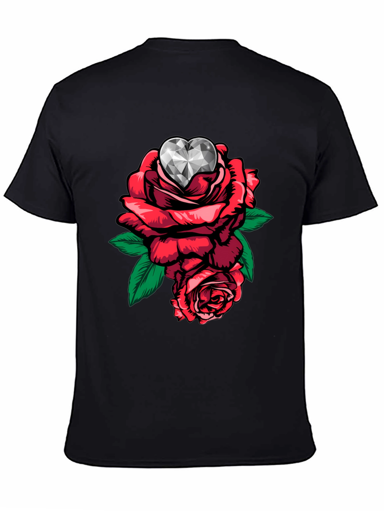 Rose & Diamond Heart Graphic T-Shirt - Black
