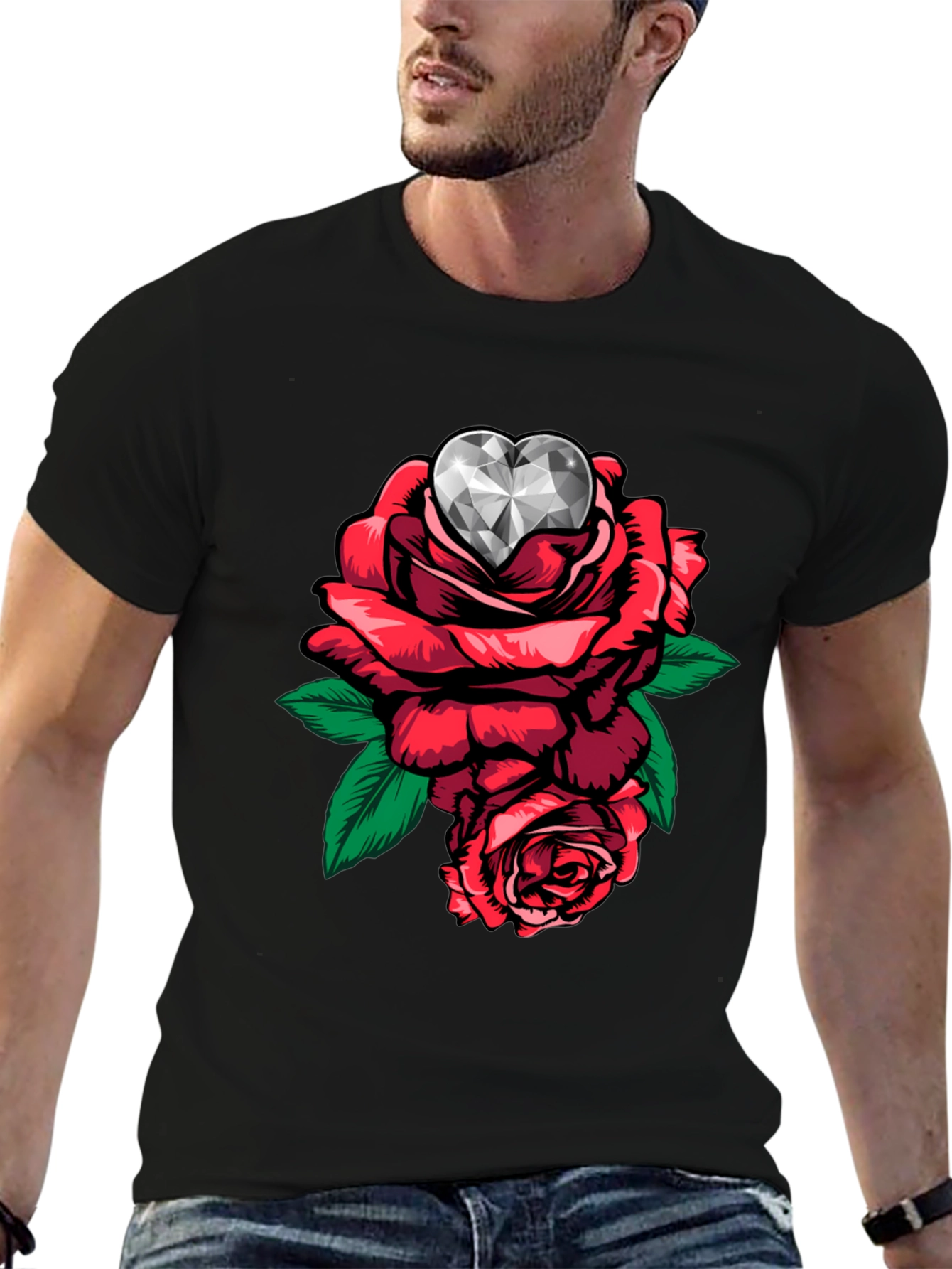 Rose & Diamond Heart Graphic T-Shirt - Black