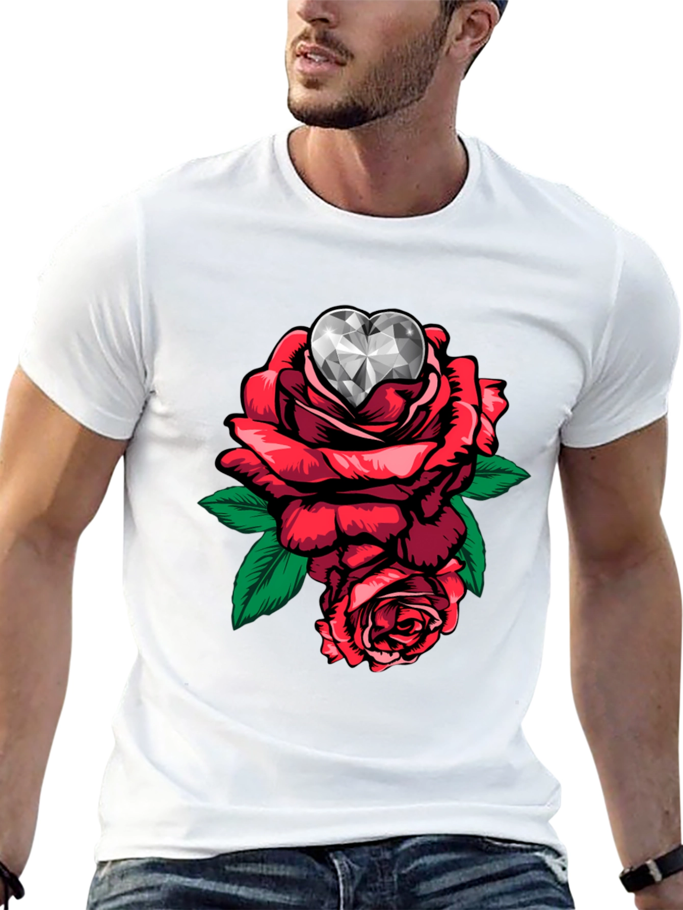 Rose & Diamond Heart Graphic T-Shirt - Black