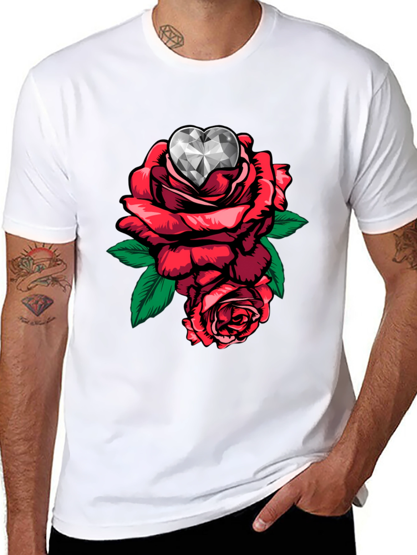 Rose & Diamond Heart Graphic T-Shirt - Black