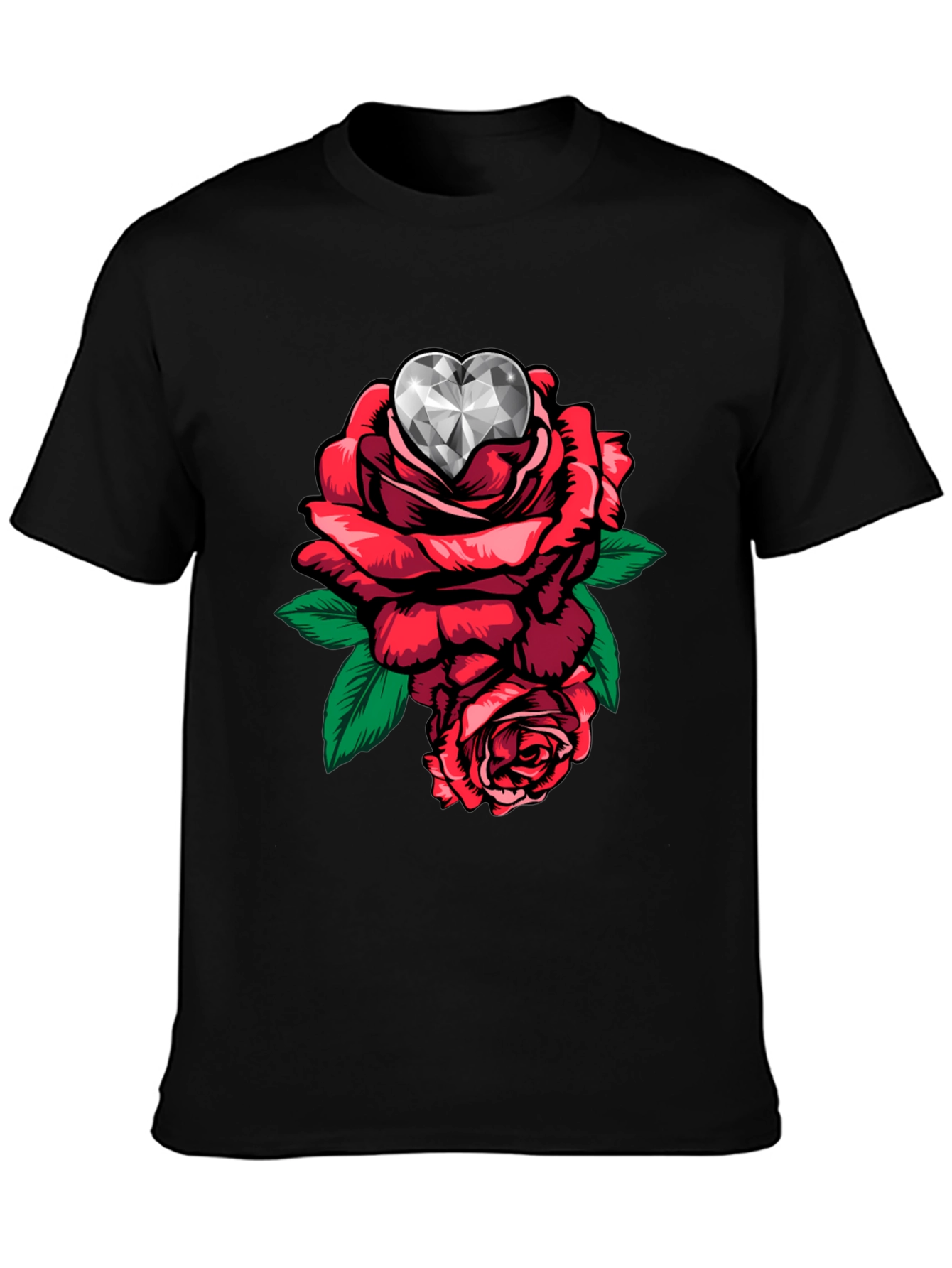 Rose & Diamond Heart Graphic T-Shirt - Black
