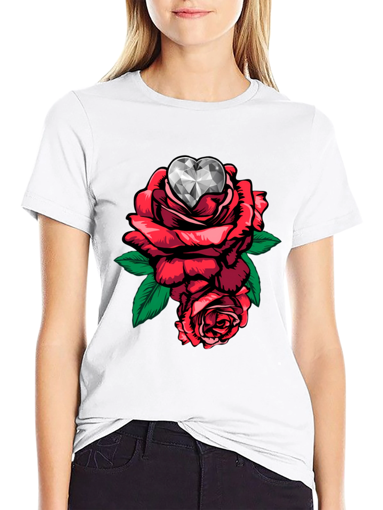 Rose & Diamond Heart Graphic T-Shirt - Black