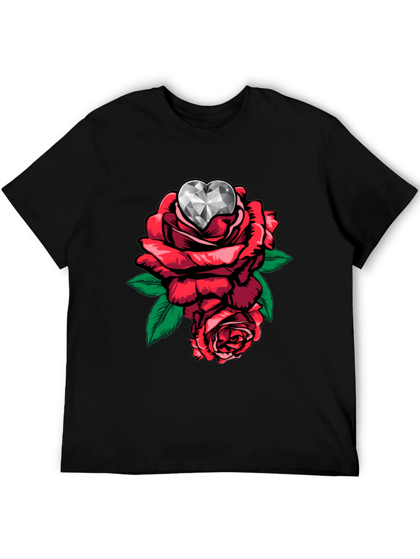 Rose & Diamond Heart Graphic T-Shirt - Black