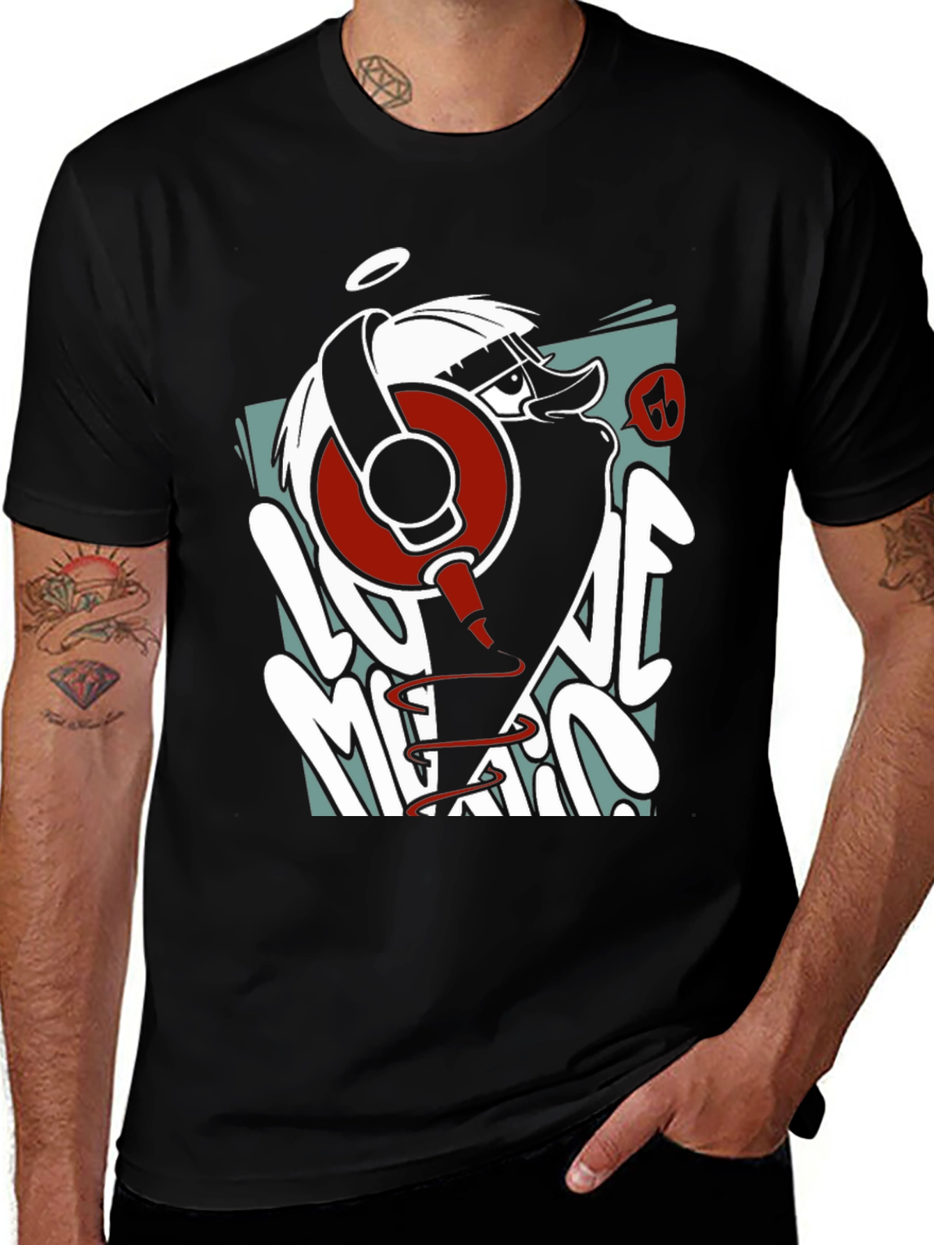 Cool Cartoon Duck DJ Black Graphic Tee