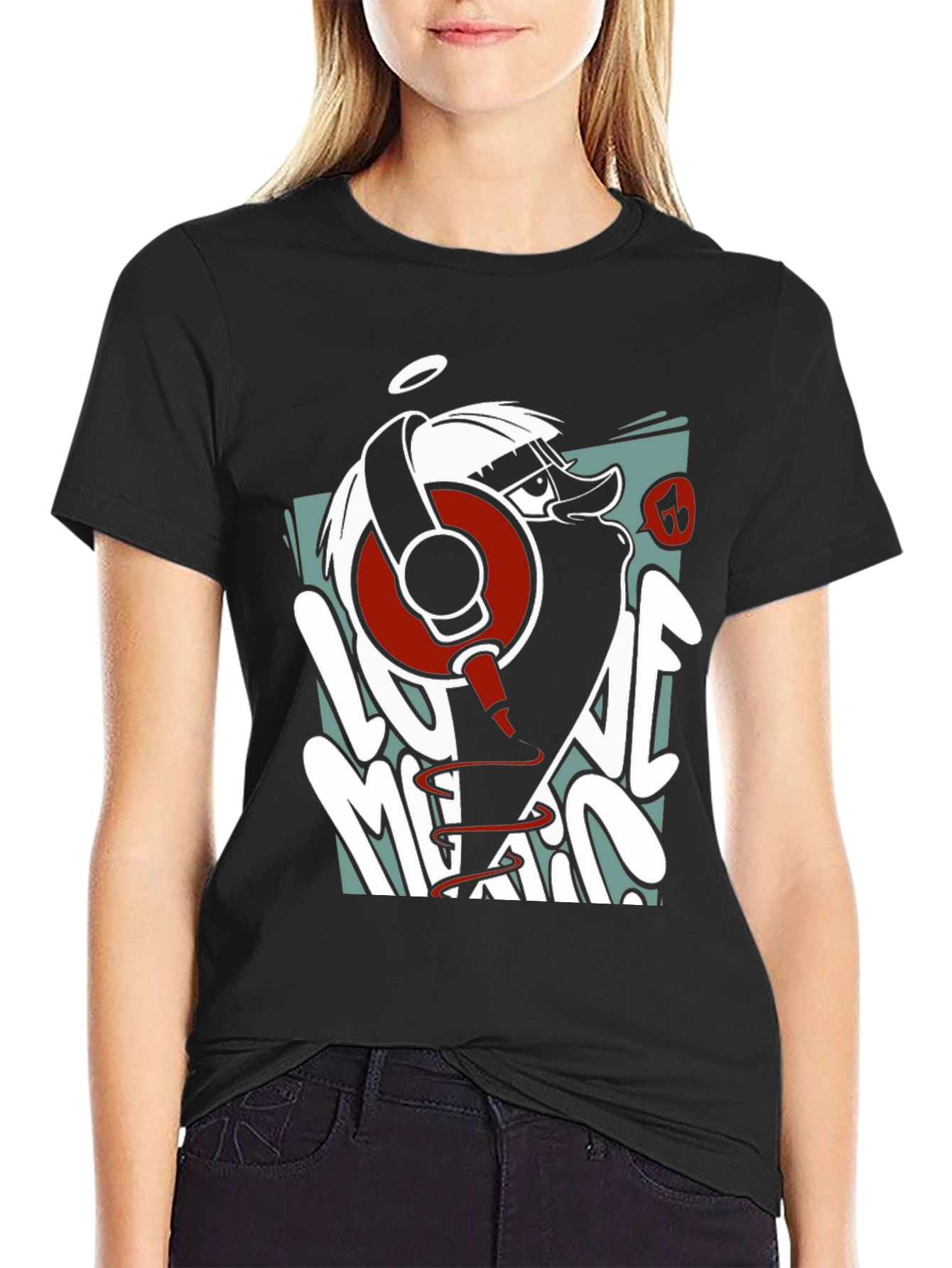 Cool Cartoon Duck DJ Black Graphic Tee