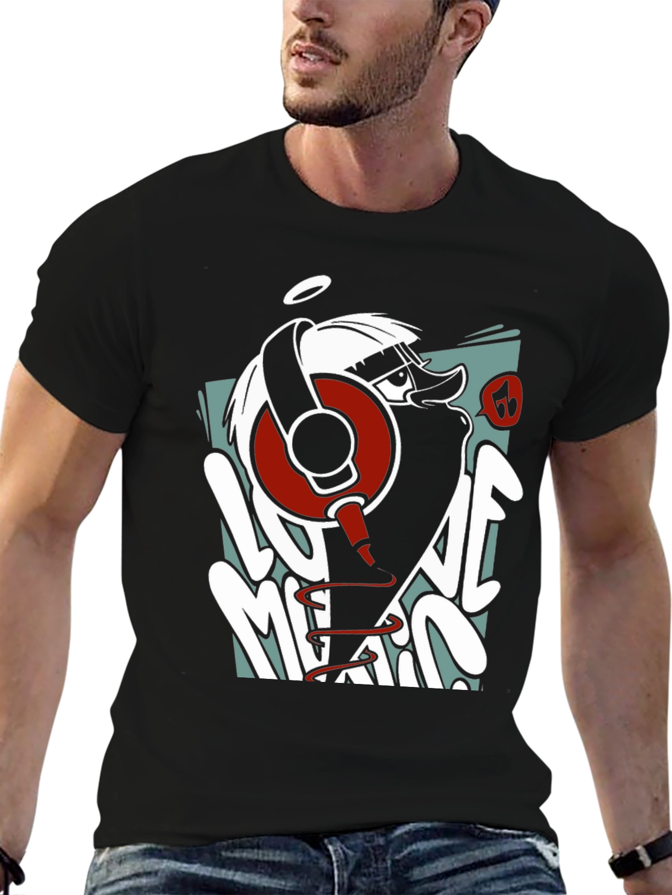 Cool Cartoon Duck DJ Black Graphic Tee