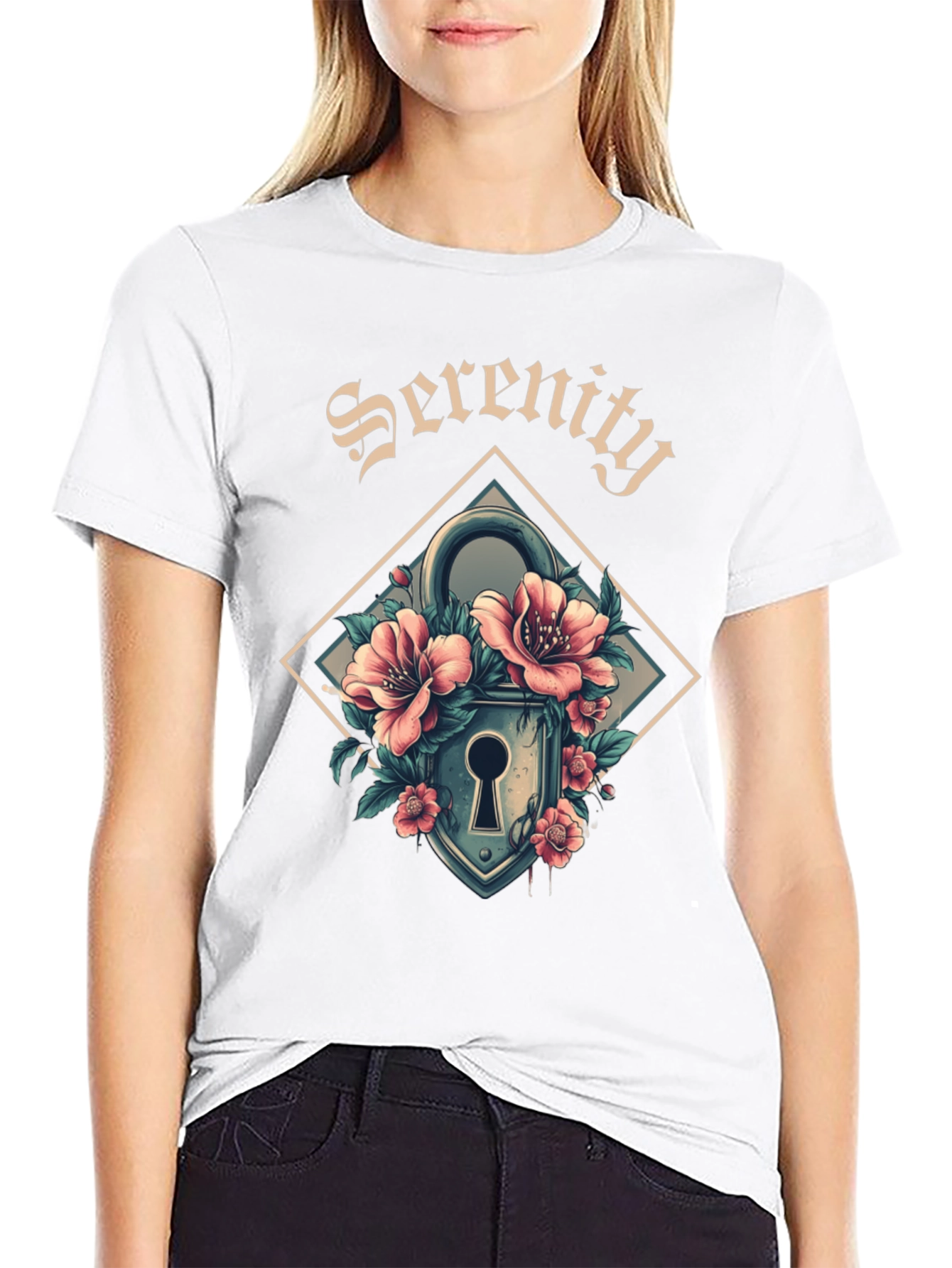 Serenity Floral Lock Graphic Tee - Cool Design