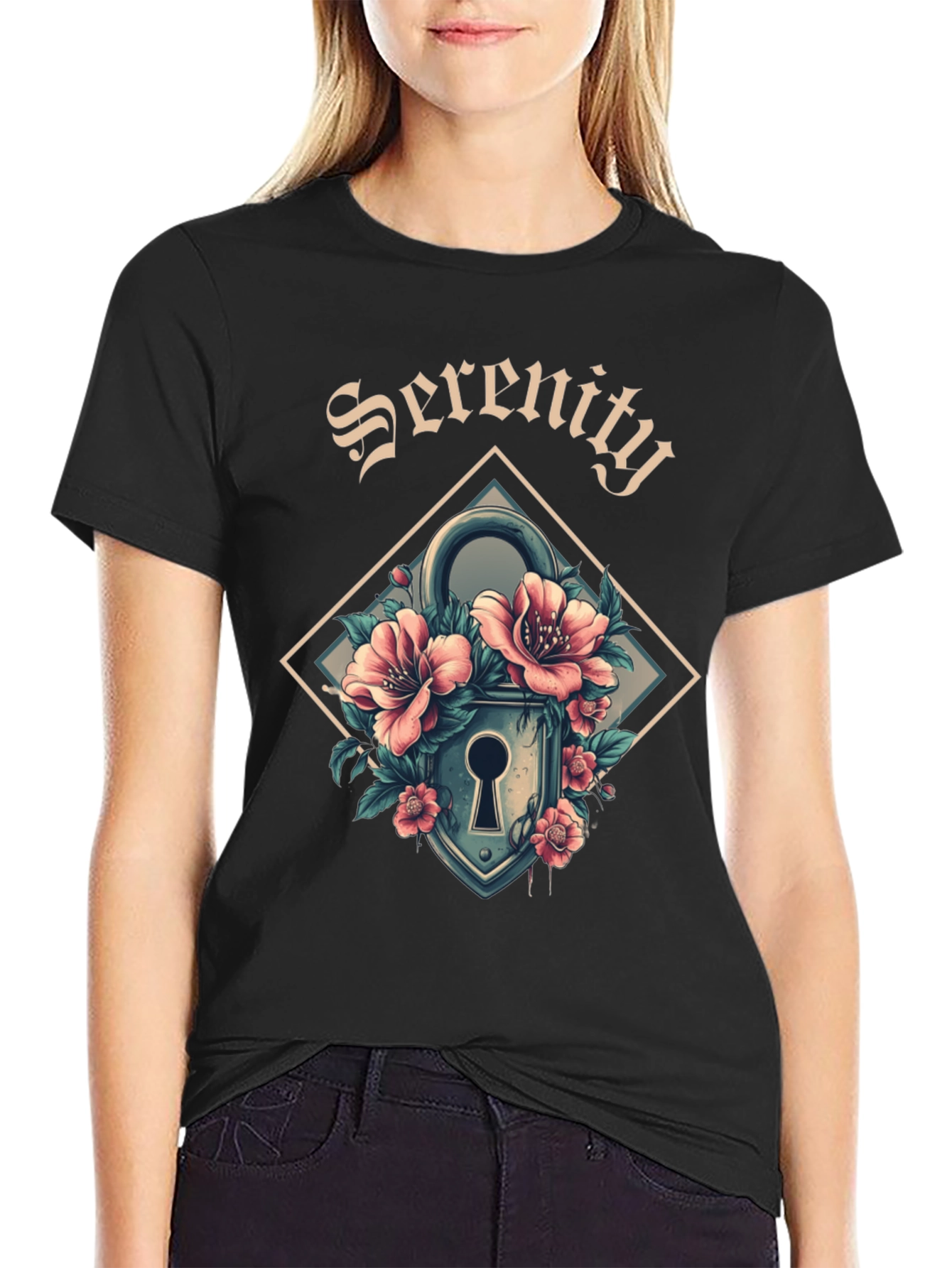 Serenity Floral Lock Graphic Tee - Cool Design