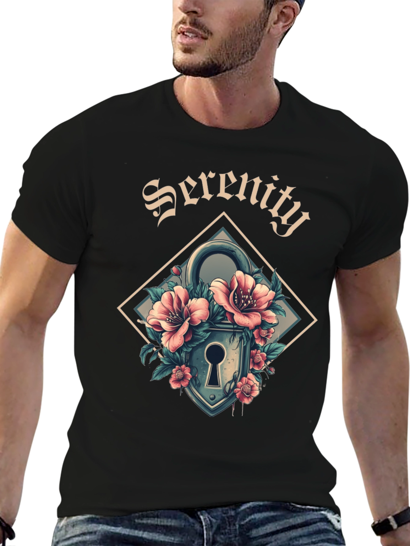 Serenity Floral Lock Graphic Tee - Cool Design