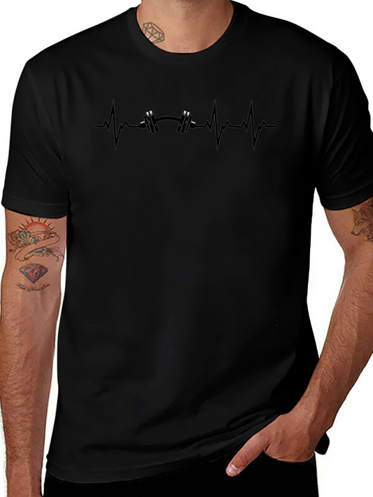 Mens Black Fitness Heartbeat Barbell Graphic Tee