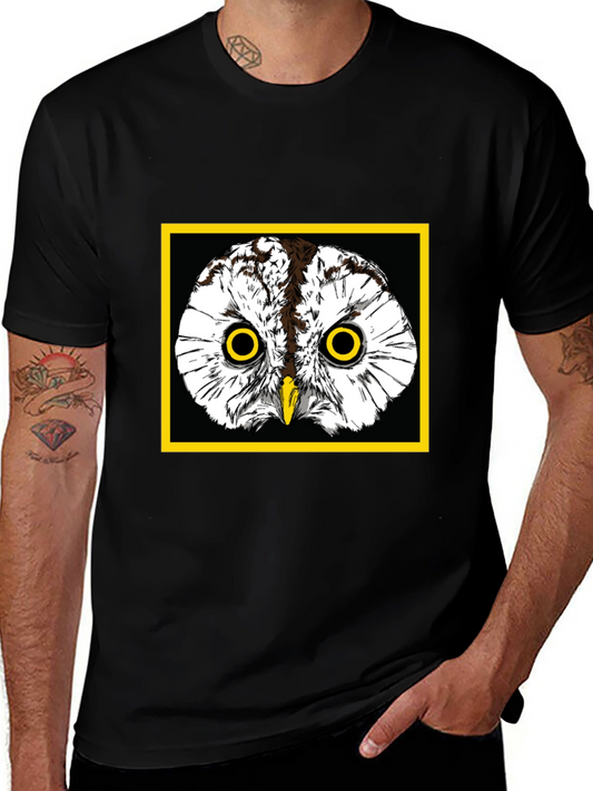 Owl Graphic Tee - Black Cotton T-Shirt with Yellow Border