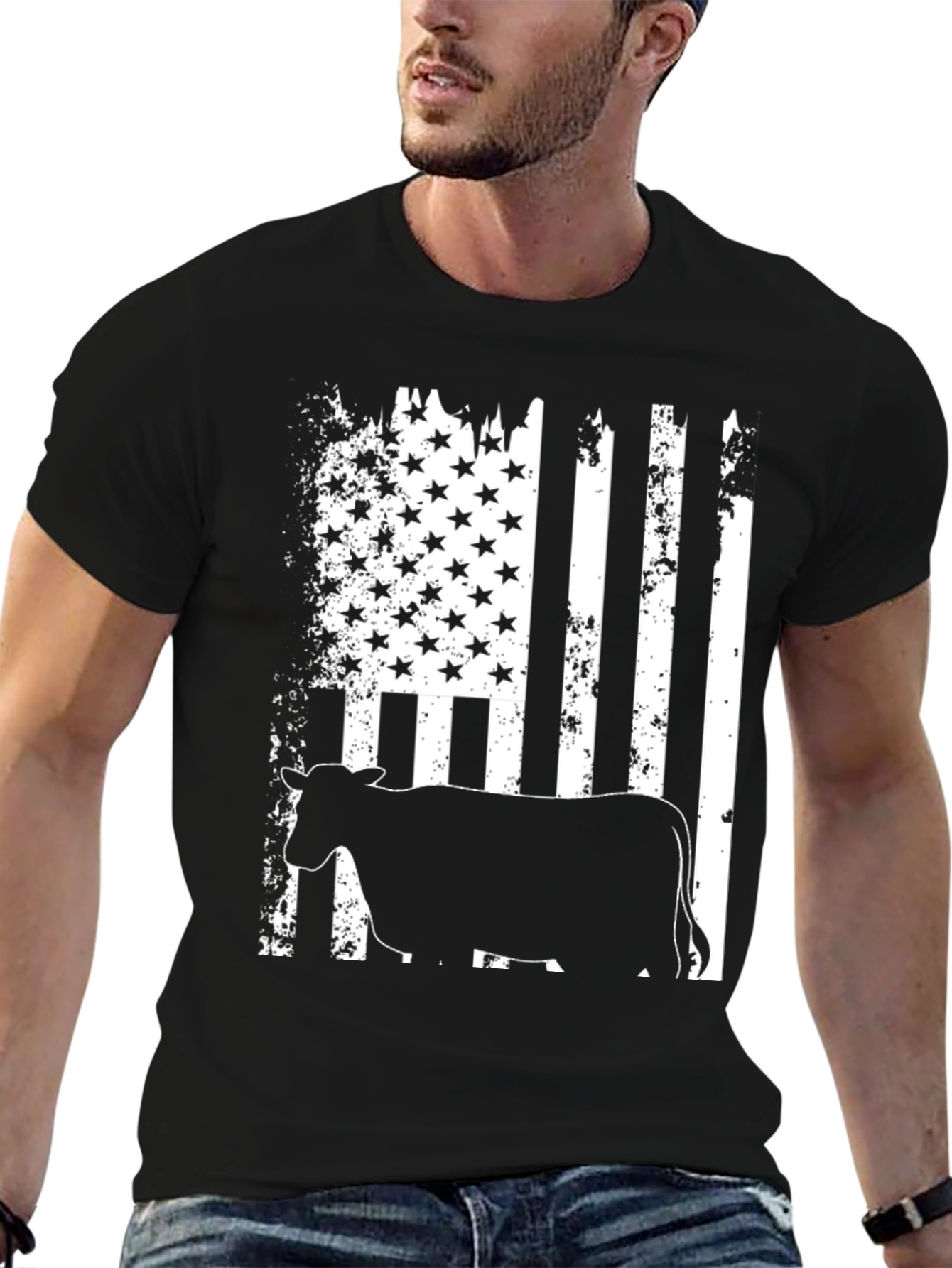 American Flag Cow Black T-Shirt