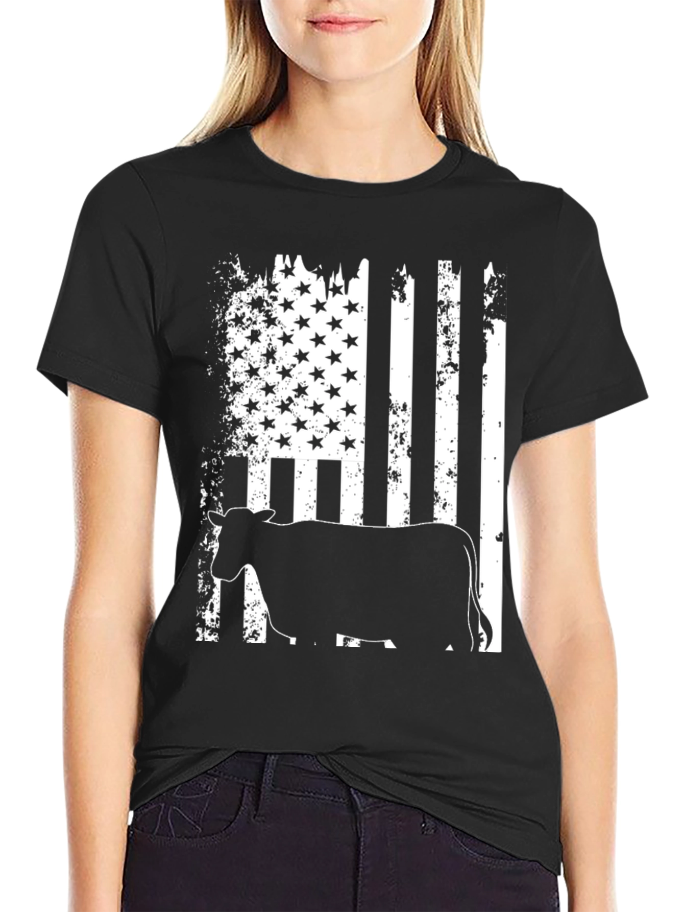 American Flag Cow Black T-Shirt