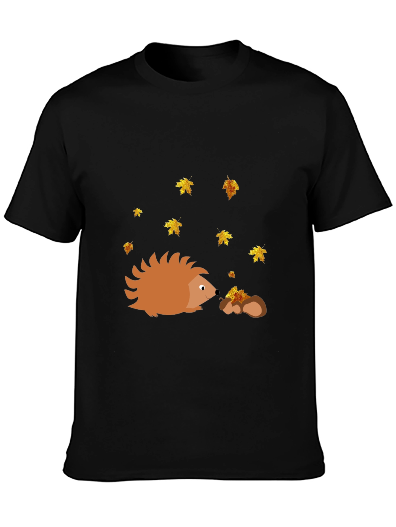 Hedgehog & Fall Leaves Black T-Shirt
