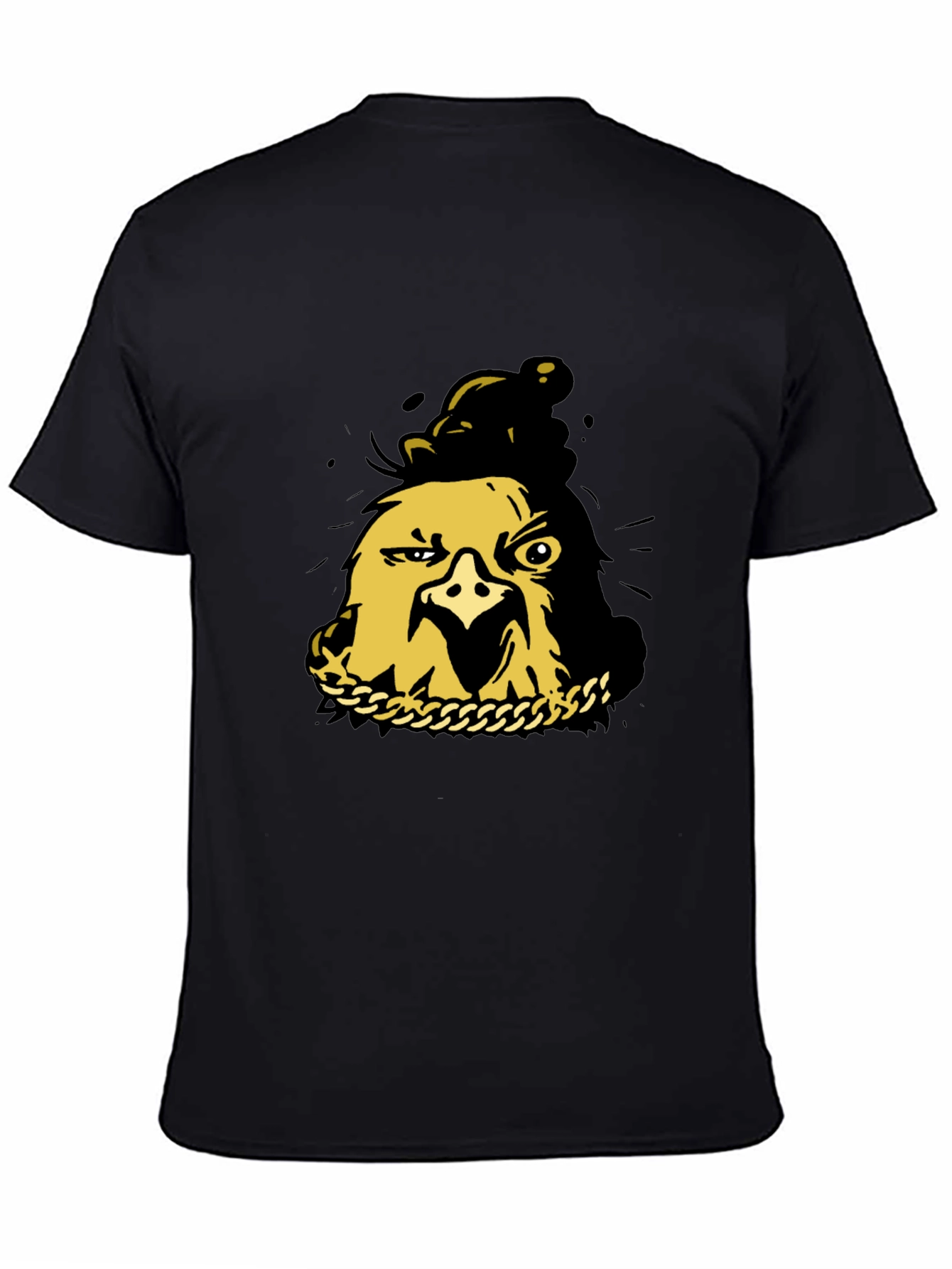 Black T-Shirt with Gold Cartoon Chicken Graphic