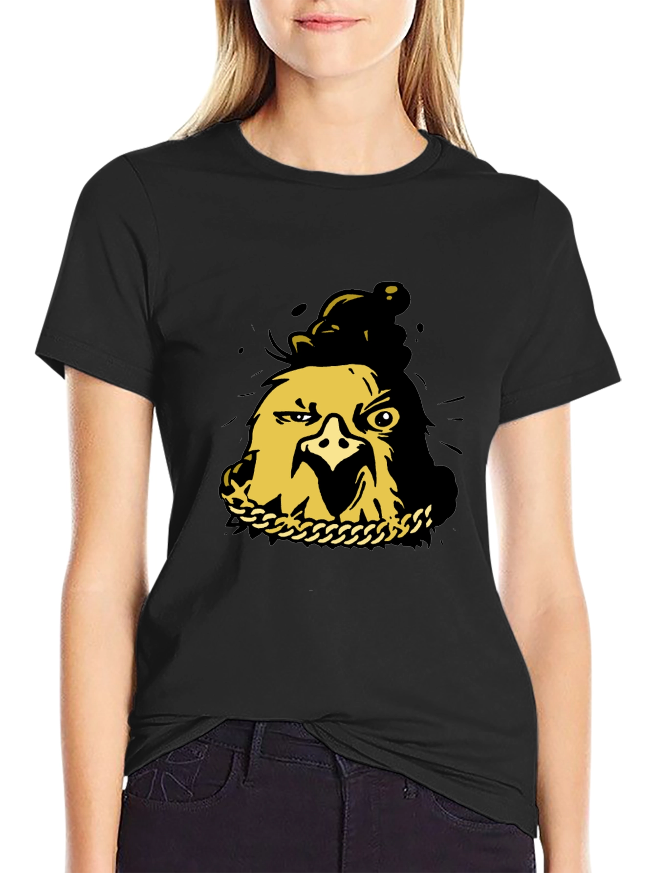 Black T-Shirt with Gold Cartoon Chicken Graphic