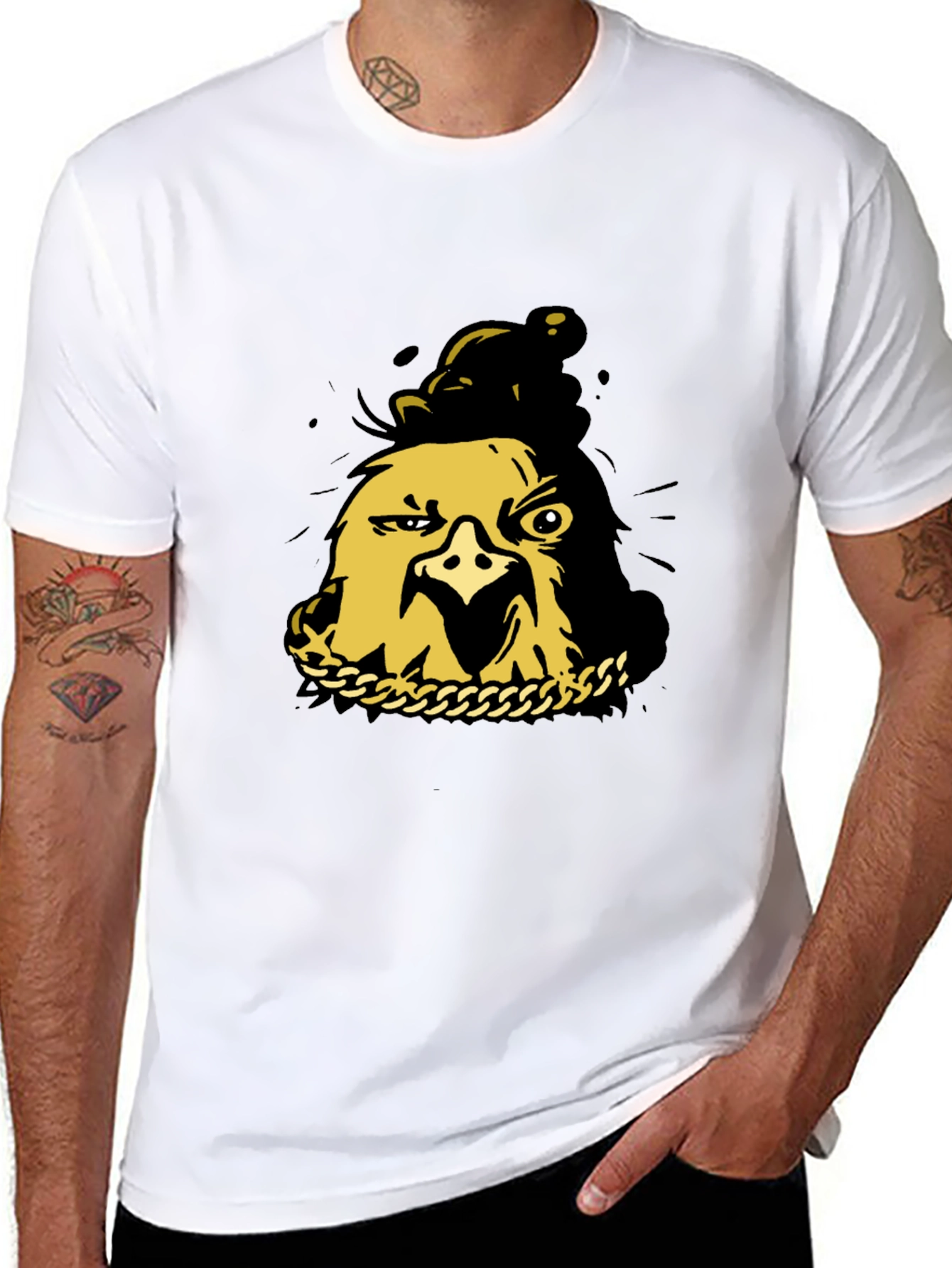Black T-Shirt with Gold Cartoon Chicken Graphic