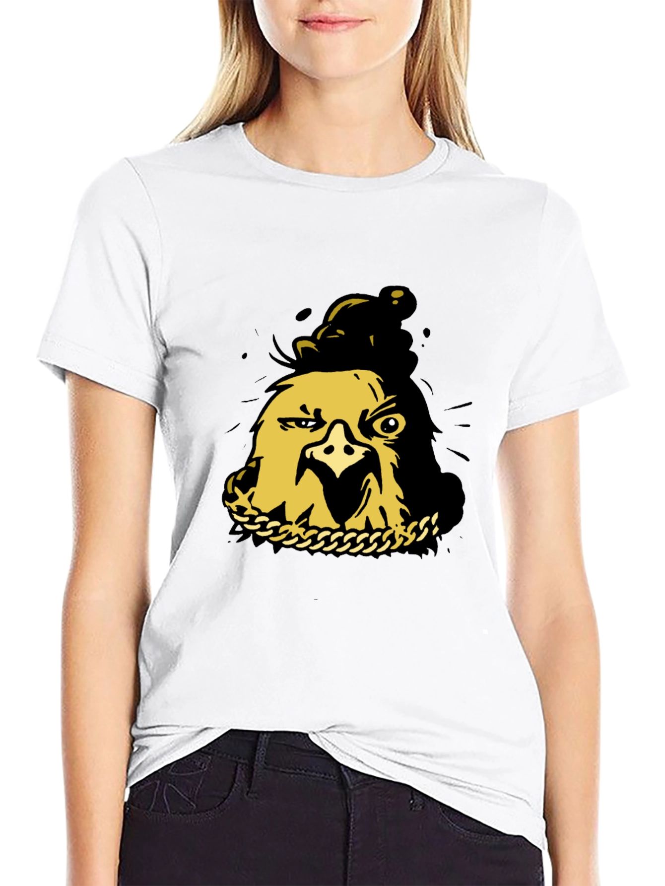 Black T-Shirt with Gold Cartoon Chicken Graphic