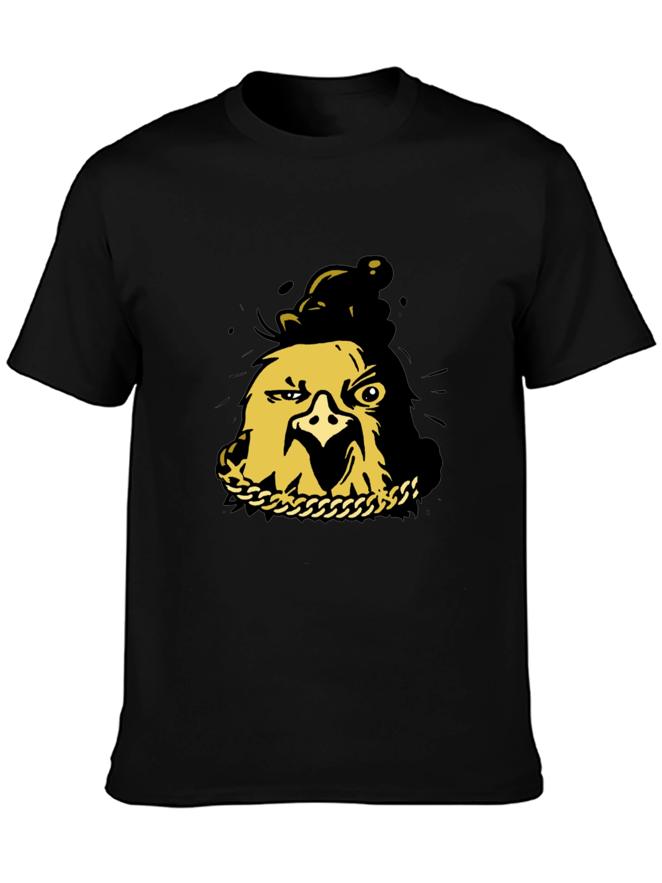 Black T-Shirt with Gold Cartoon Chicken Graphic
