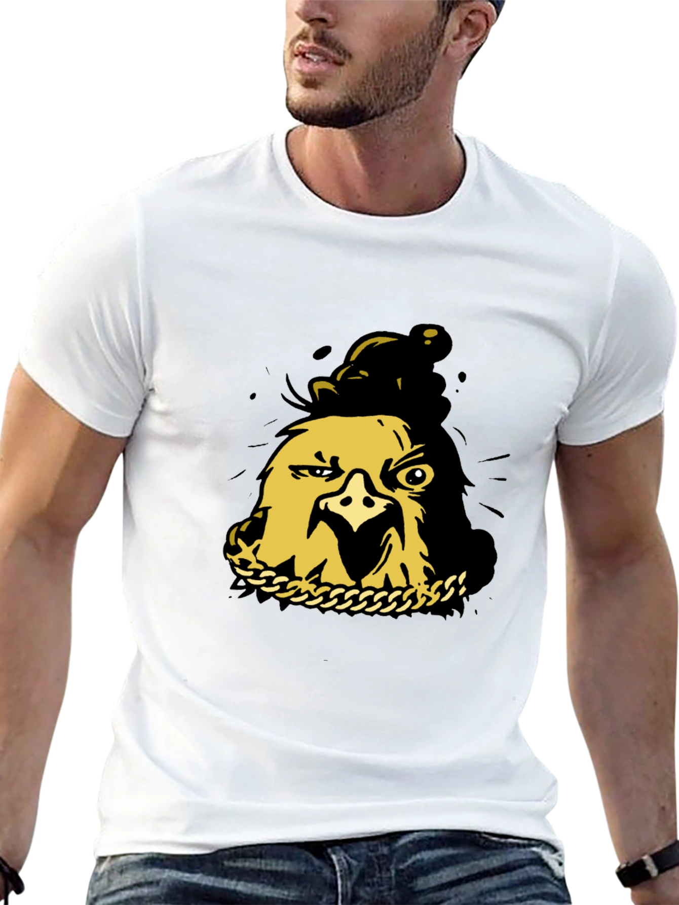 Black T-Shirt with Gold Cartoon Chicken Graphic