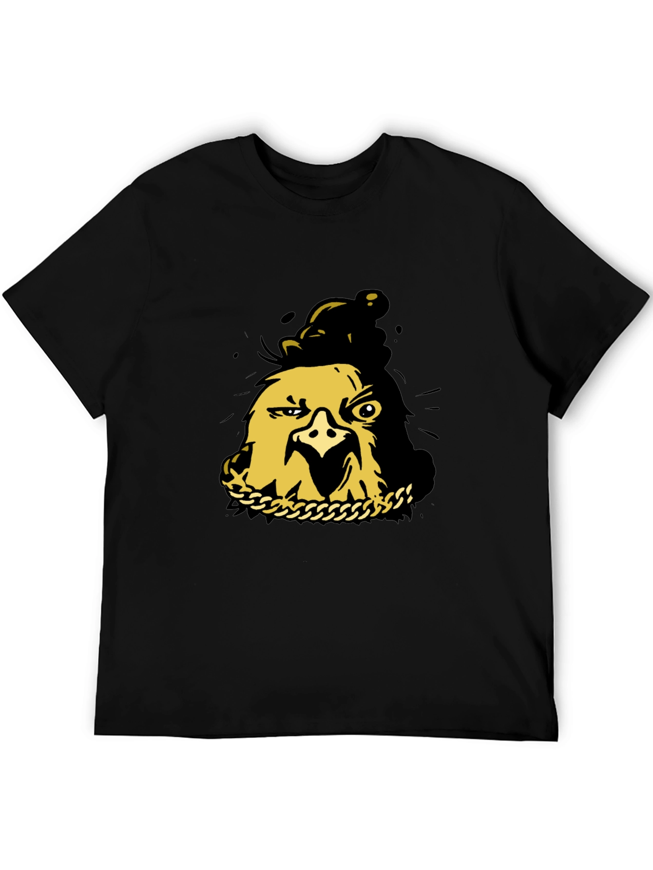 Black T-Shirt with Gold Cartoon Chicken Graphic