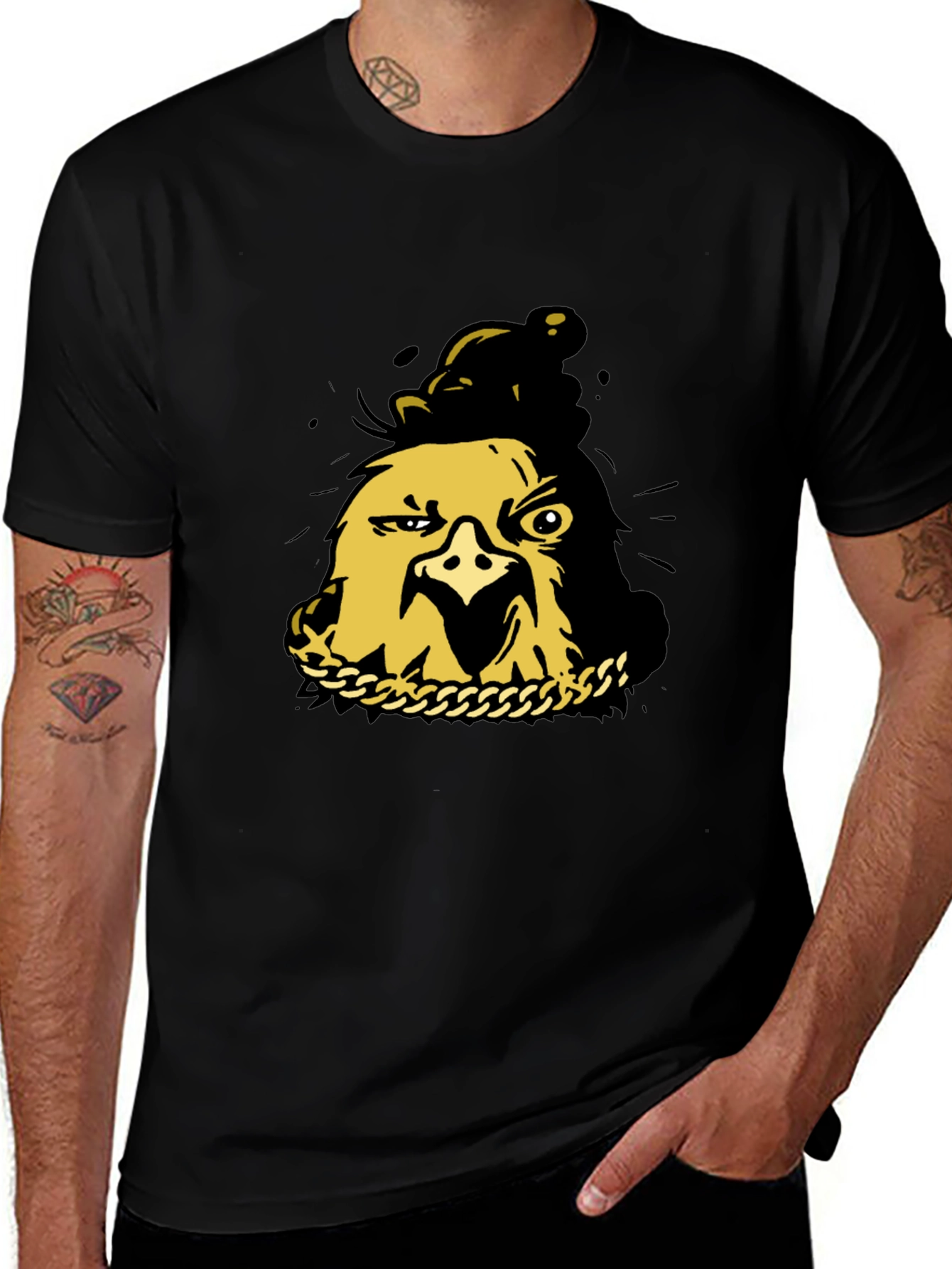 Black T-Shirt with Gold Cartoon Chicken Graphic