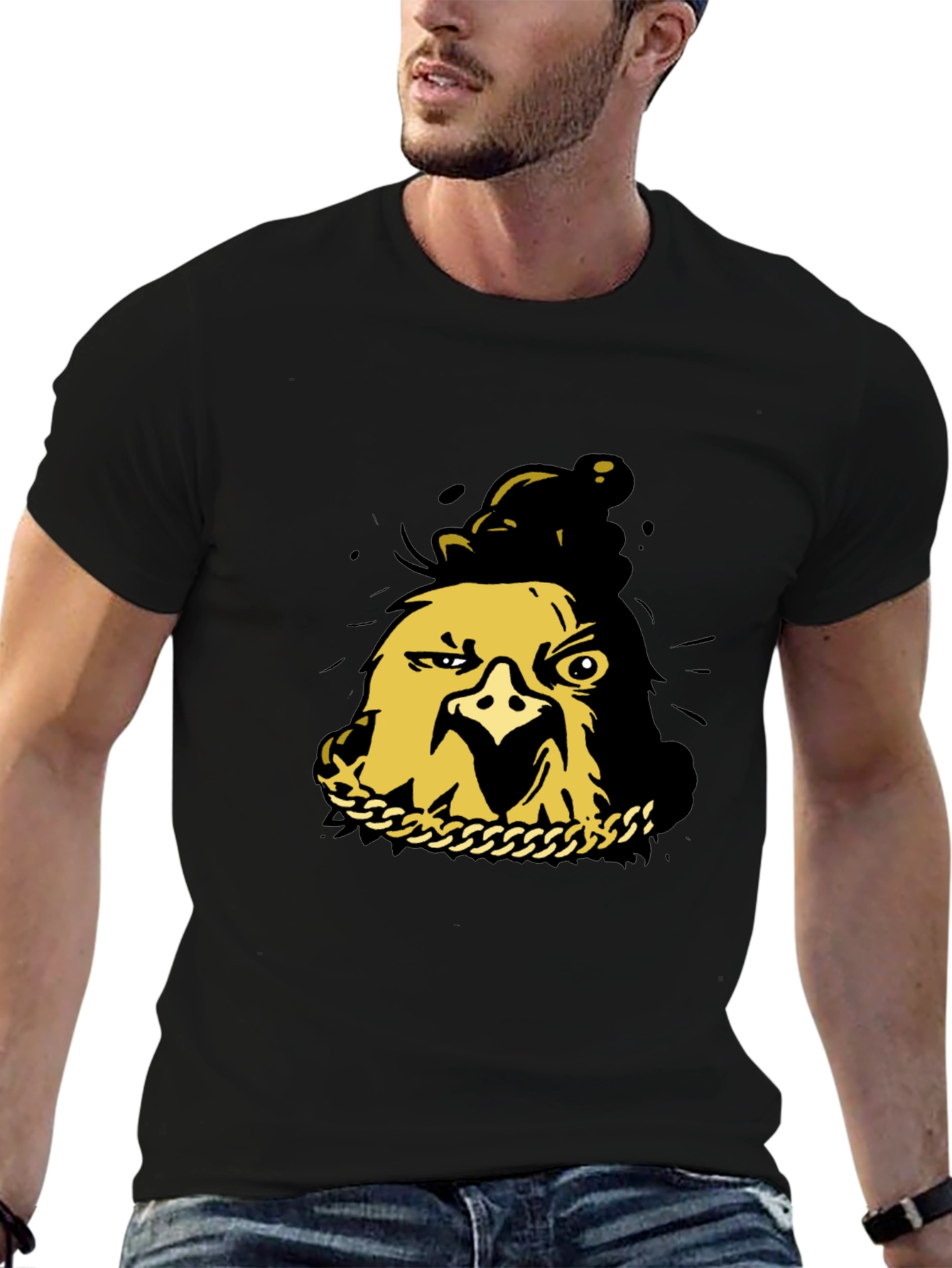Black T-Shirt with Gold Cartoon Chicken Graphic