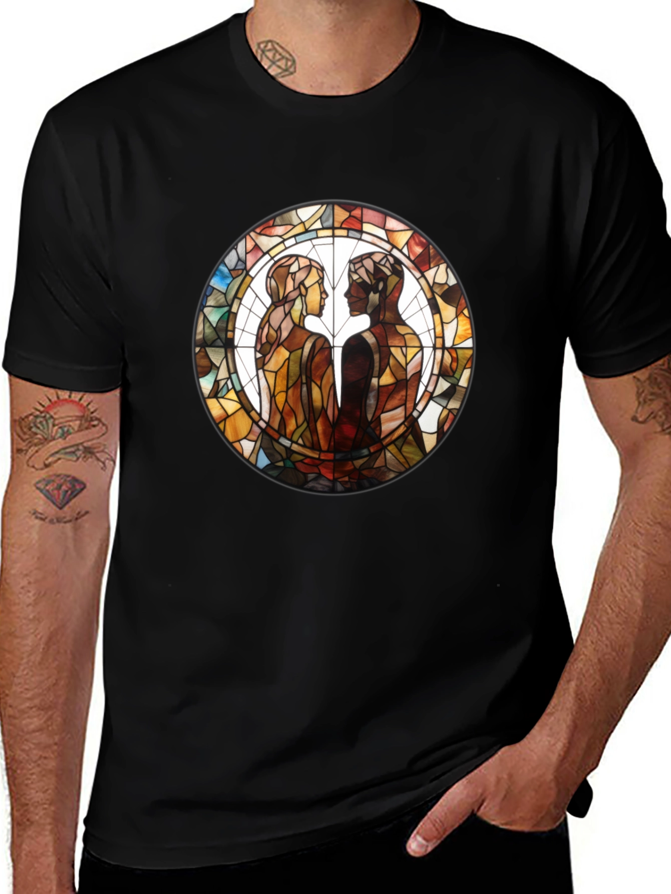 Stained Glass Lovers Graphic Tee - Artistic Black T-Shirt