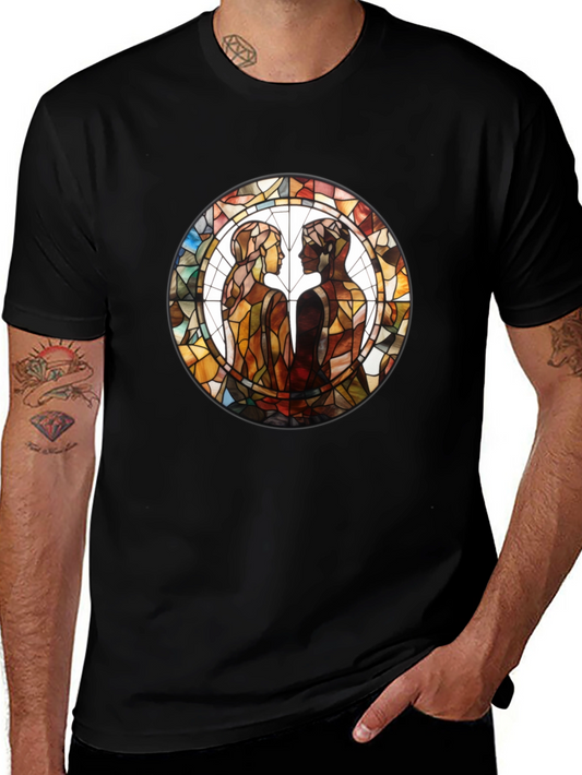 Stained Glass Lovers Graphic Tee - Artistic Black T-Shirt