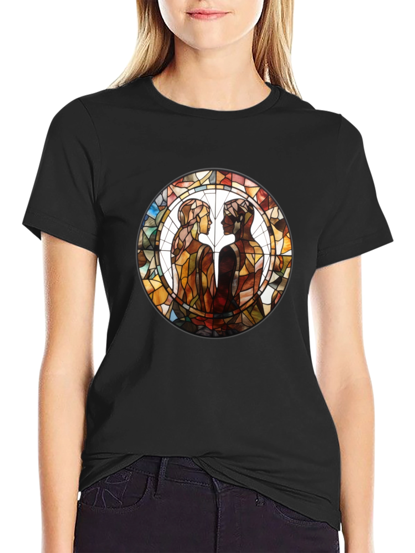 Stained Glass Lovers Graphic Tee - Artistic Black T-Shirt