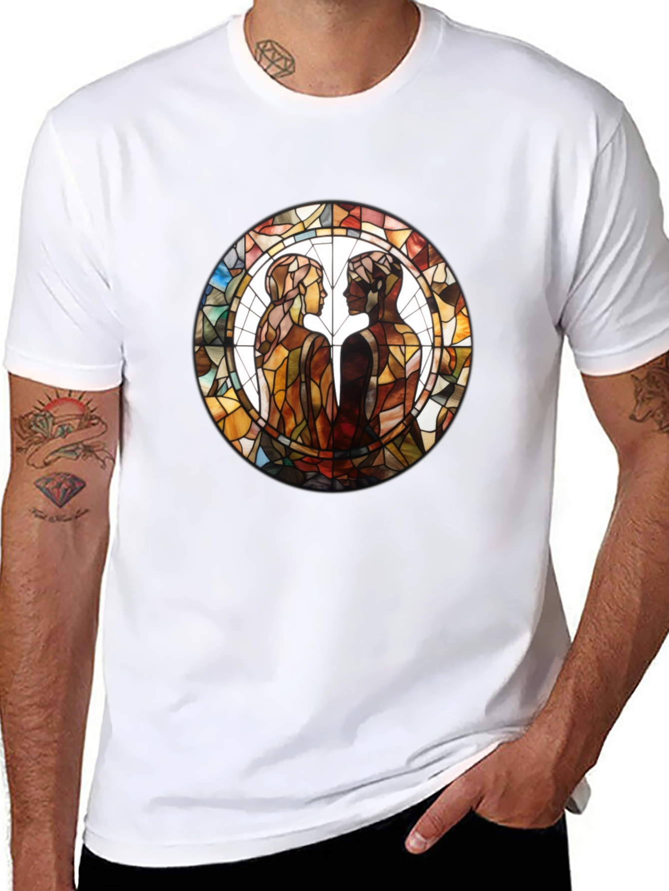 Stained Glass Lovers Graphic Tee - Artistic Black T-Shirt
