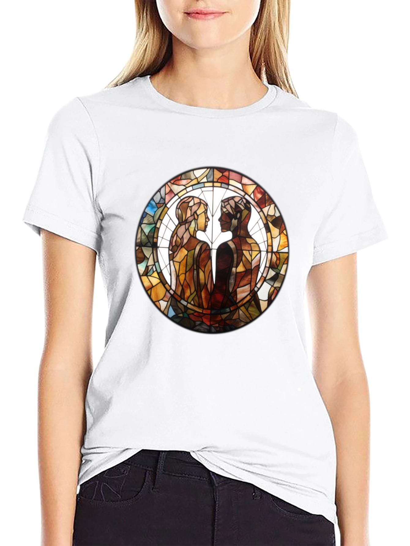 Stained Glass Lovers Graphic Tee - Artistic Black T-Shirt