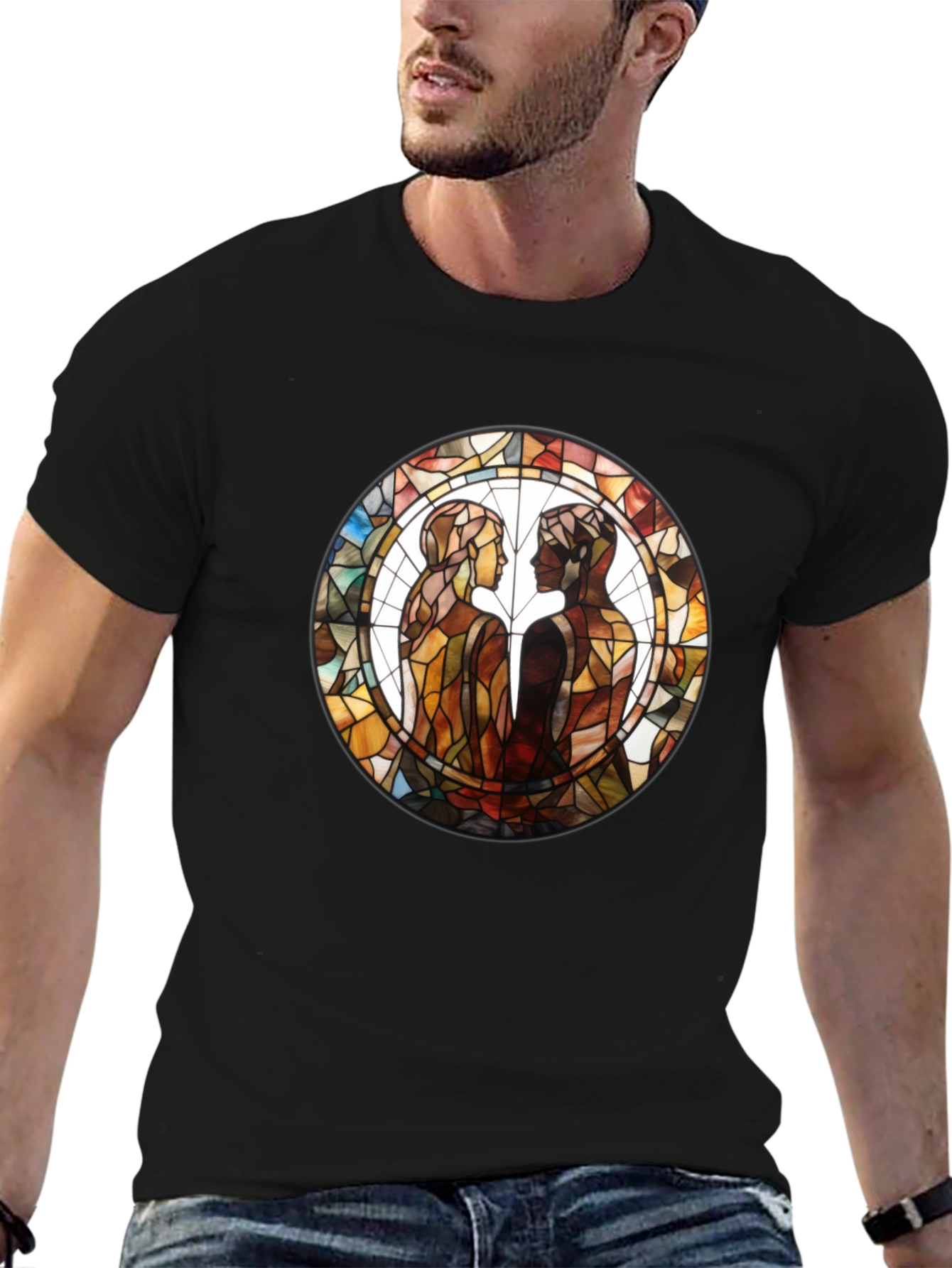 Stained Glass Lovers Graphic Tee - Artistic Black T-Shirt