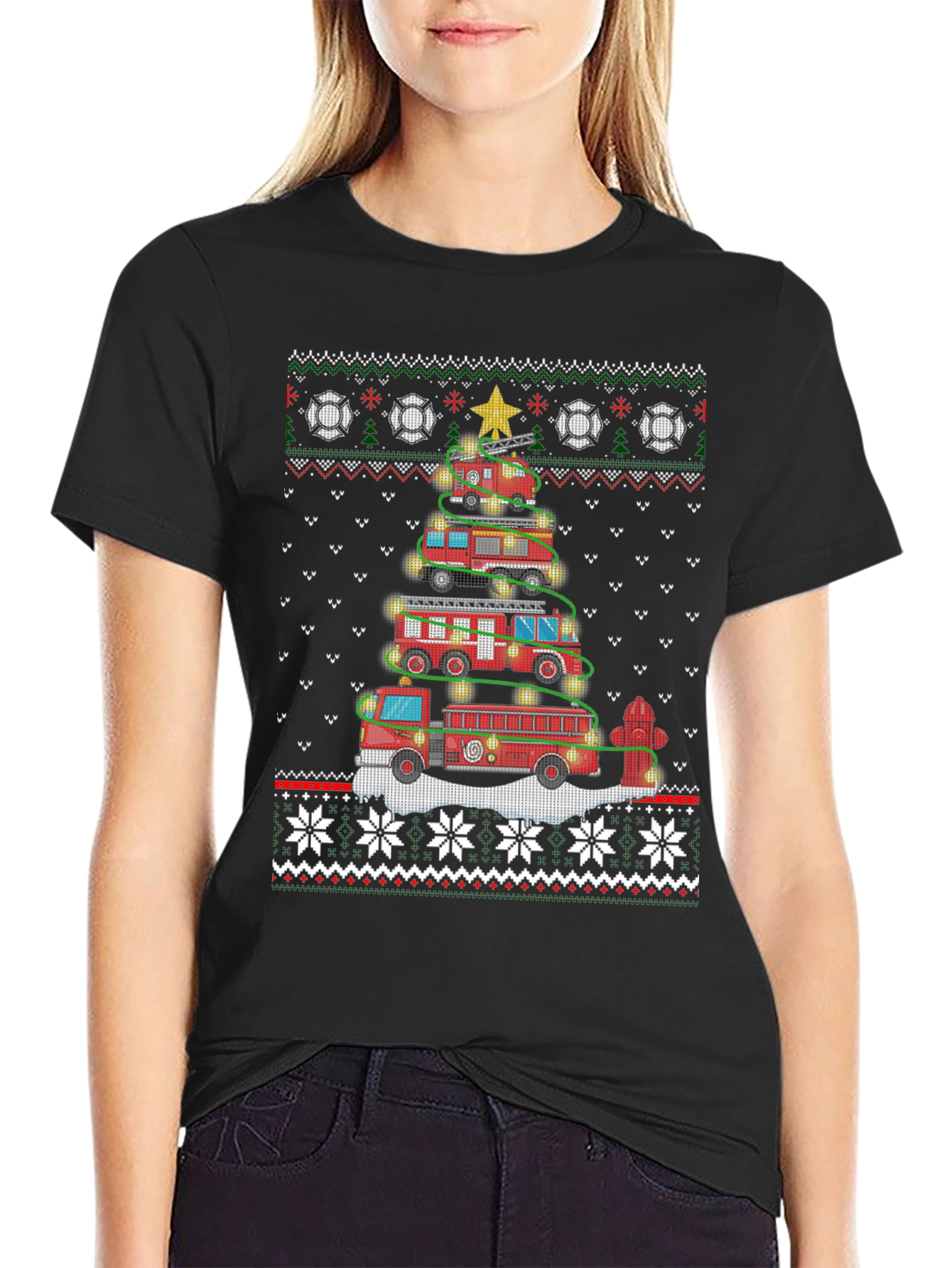 Festive Fire Truck Christmas Tree Sweater Design T-Shirt
